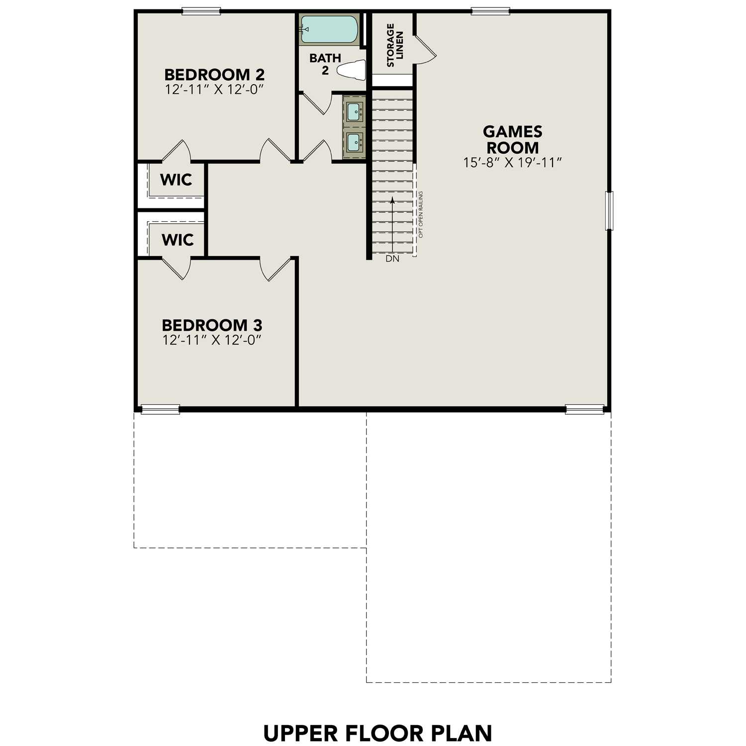 Second floor plan of The Douglas C featuring Bedroom 2 with bath, Bedroom 3, spacious games room, and storage
