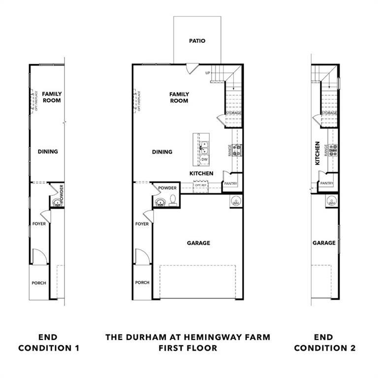 First-floor plan for The Durham C floor plan at Hemingway in Cumming, Georgia, featuring open-concept kitchen and garage.
