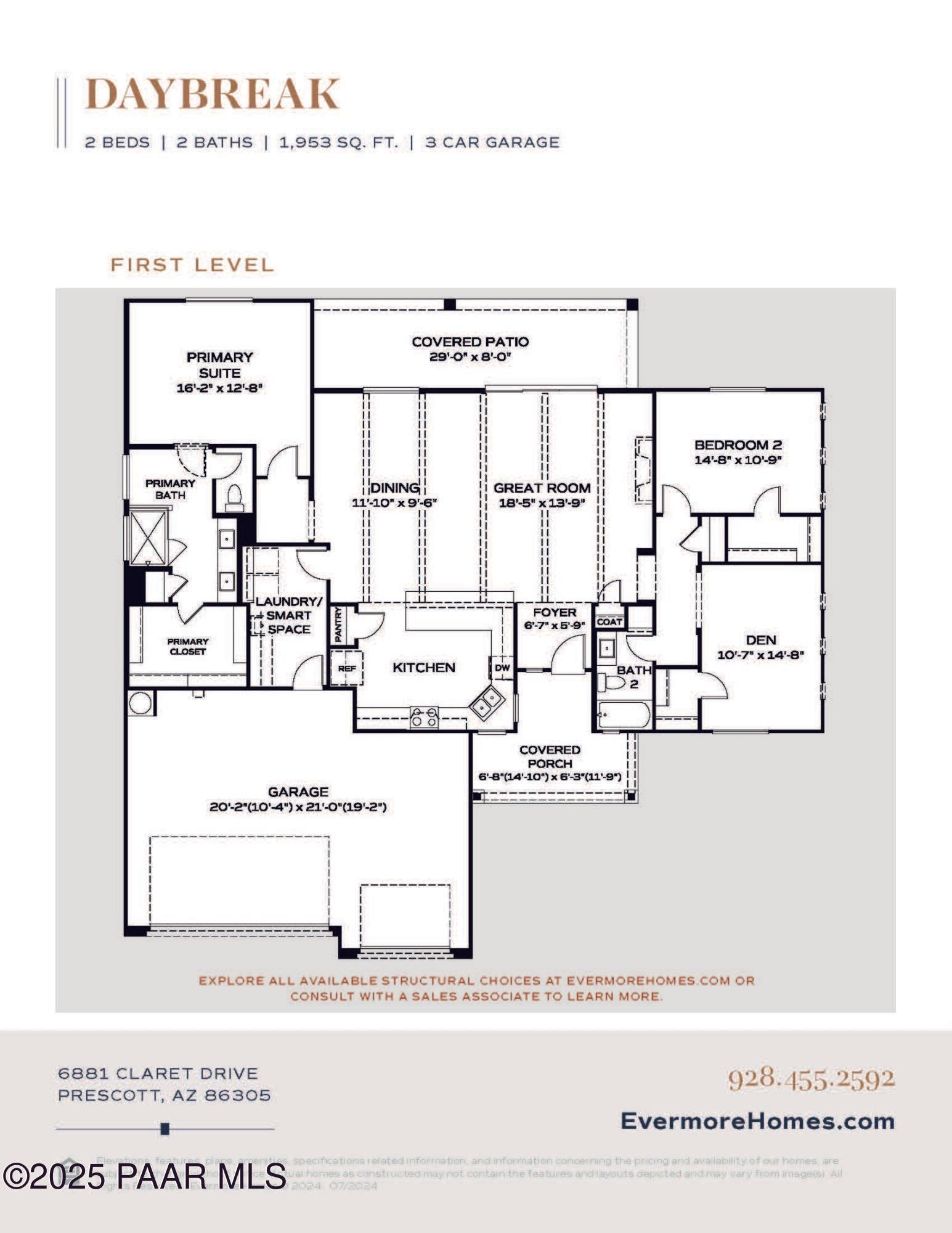 Daybreak E floor plan: 3-bed, 2-bath, 1,983 sq ft single-story home with 3-car garage, open kitchen, and covered patio in Westwood, Prescott, AZ