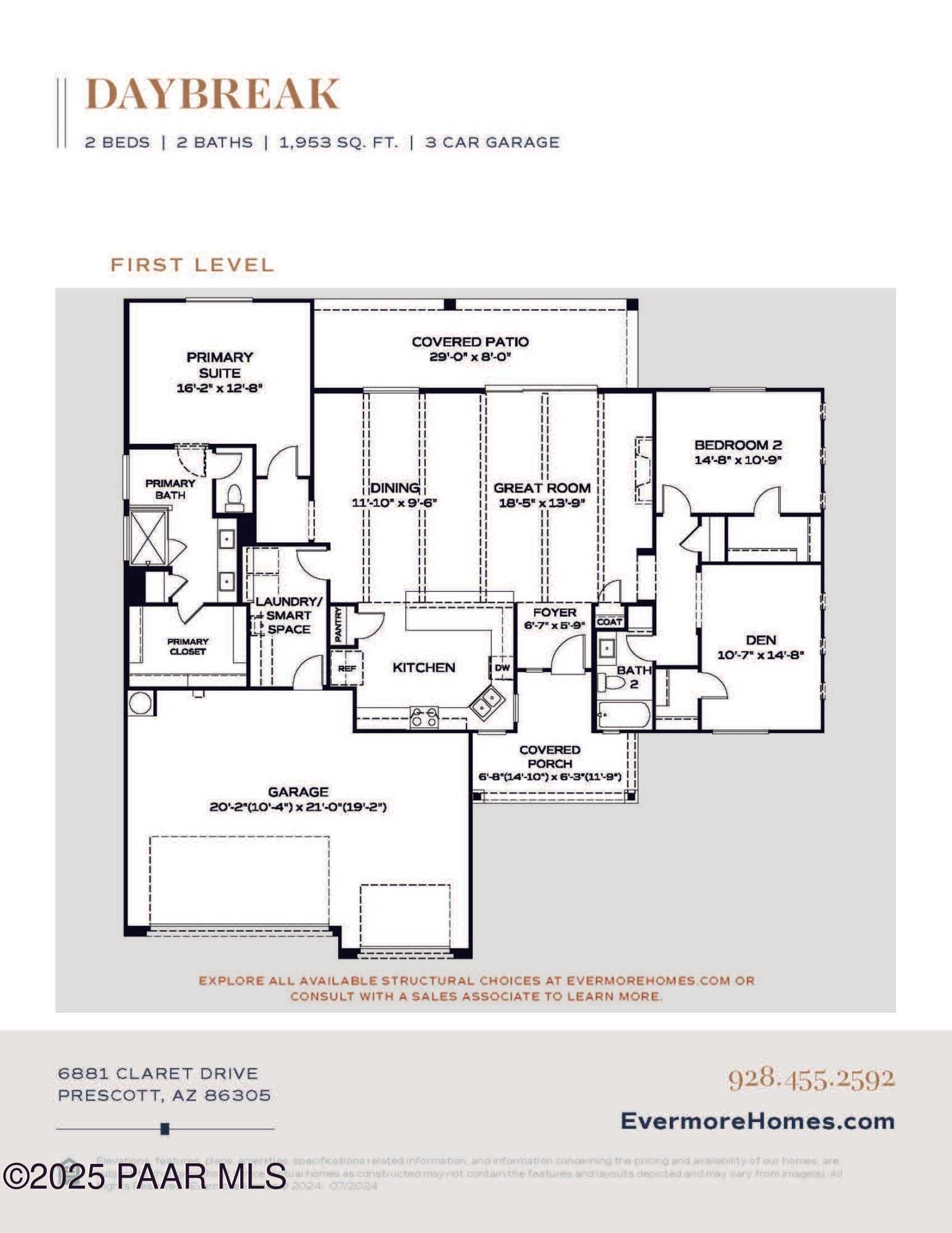 Daybreak E floor plan: 3-bed, 2-bath, 1,983 sq ft single-story home with 3-car garage, open kitchen, and covered patio in Westwood, Prescott, AZ
