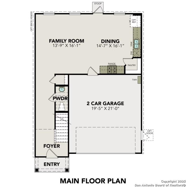 Main floor plan of The Trinity B: open family room, dining, kitchen, pantry, powder room, 2-car garage in 4-bed San Antonio home