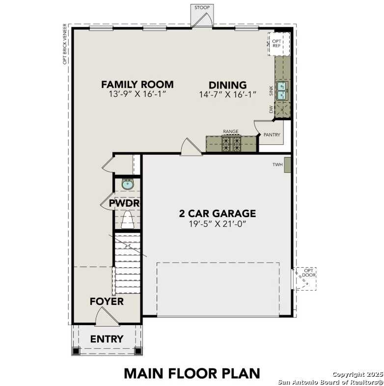 Main floor plan of The Trinity B: open family room, dining, kitchen, pantry, powder room, 2-car garage in 4-bed San Antonio home