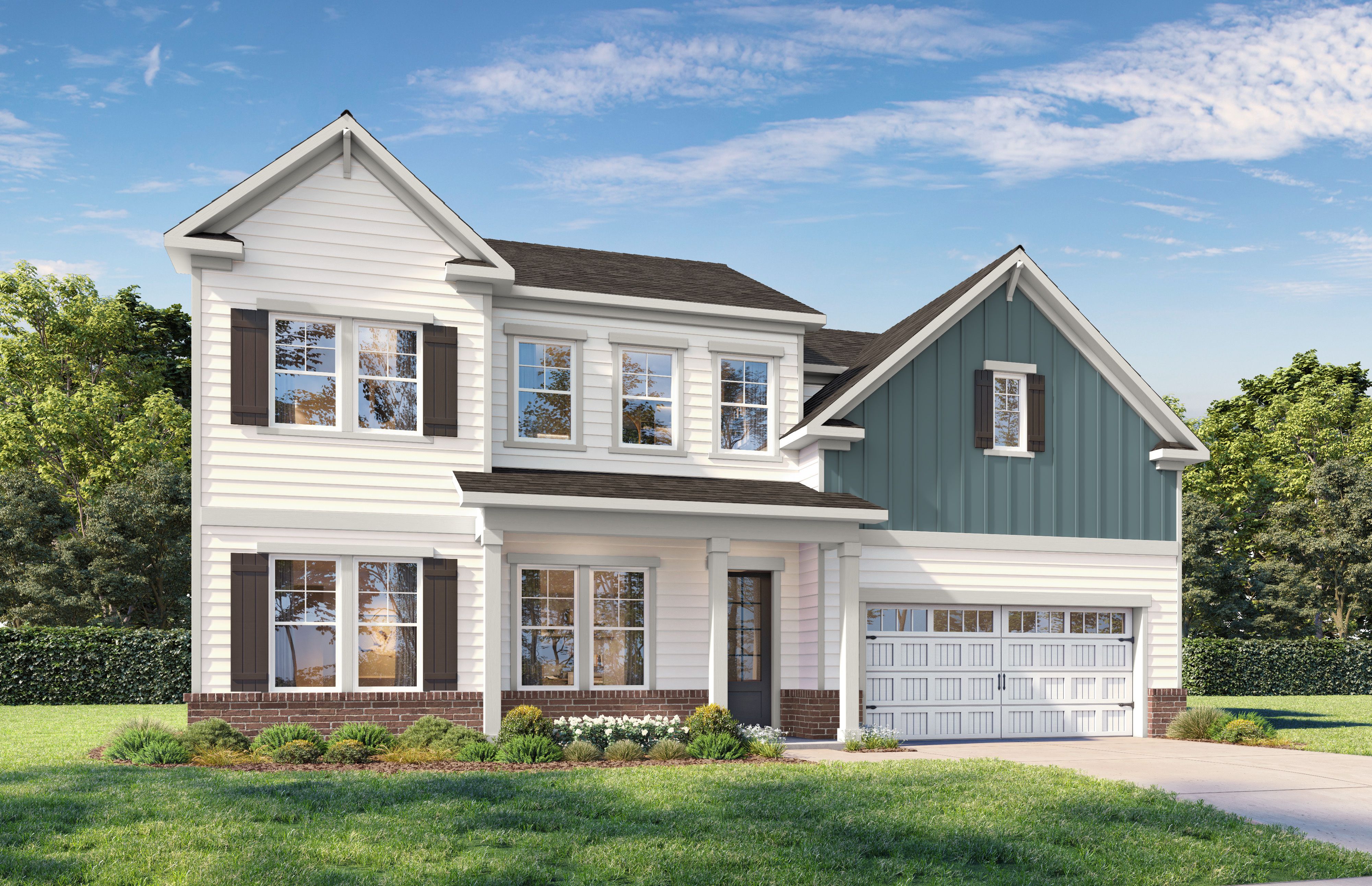 Two-story Barrington A elevation with brick accents, white siding, dark shutters, two-car garage, and front porch landscaping