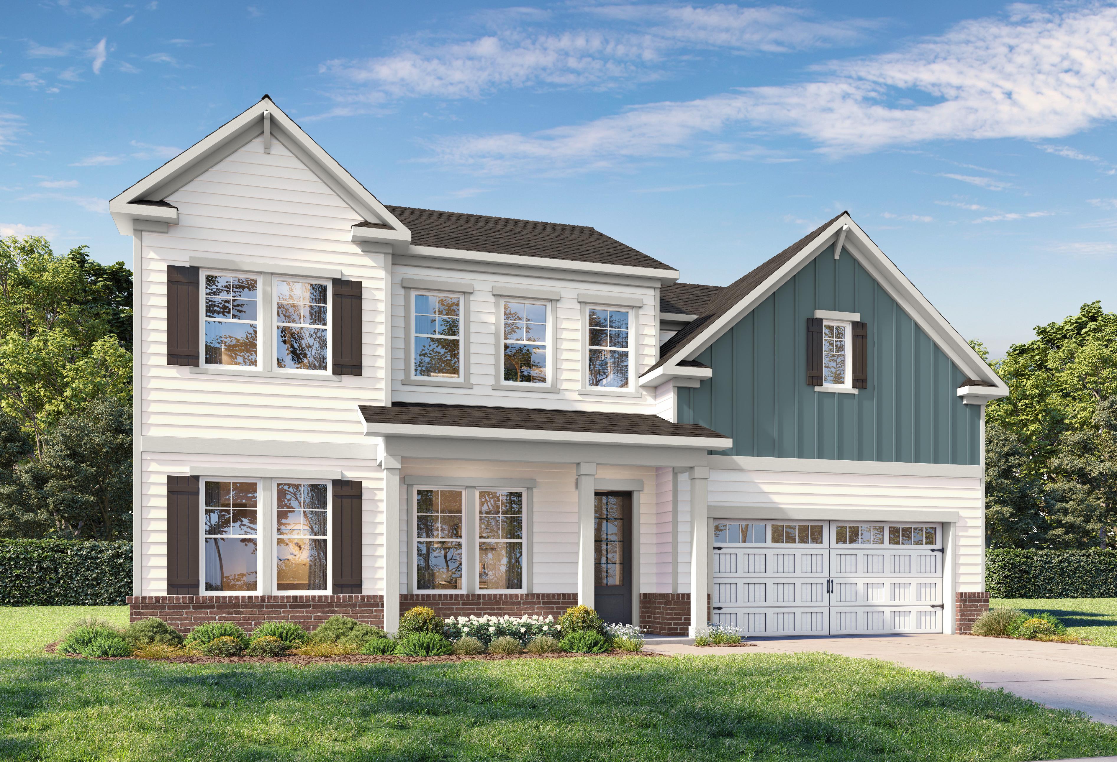Two-story Barrington A elevation with brick accents, white siding, dark shutters, two-car garage, and front porch landscaping