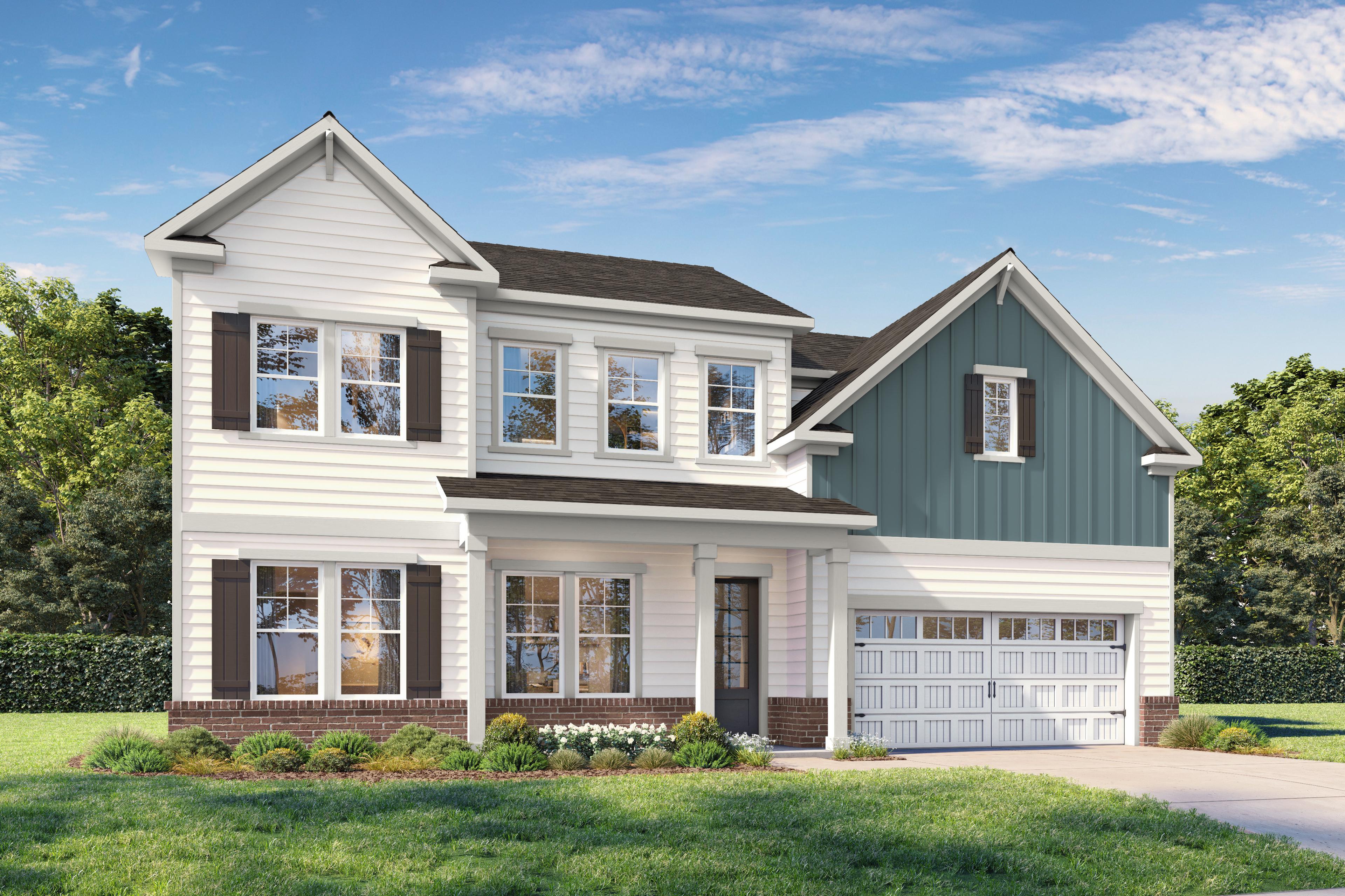 Two-story Barrington A elevation with brick accents, white siding, dark shutters, two-car garage, and front porch landscaping
