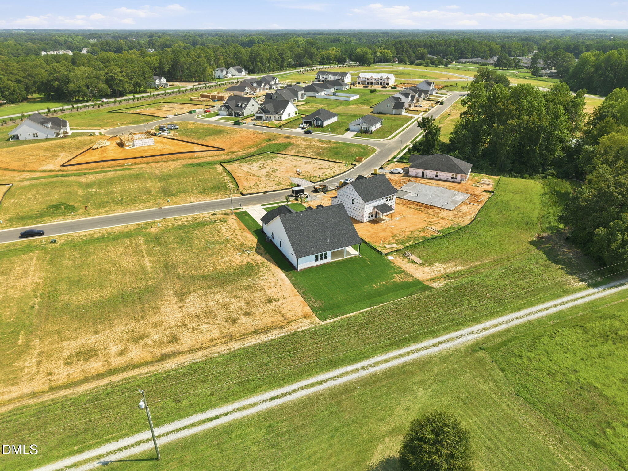 Aerial view of new construction homes by Davidson Homes in Retreat at North Main, Lillington, North Carolina.