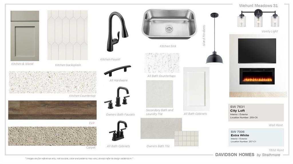 Kitchen and bath design board with gray shaker cabinets, subway tile backsplash, quartz counters, black faucets in Davidson Homes Hickory B, Hoschton GA