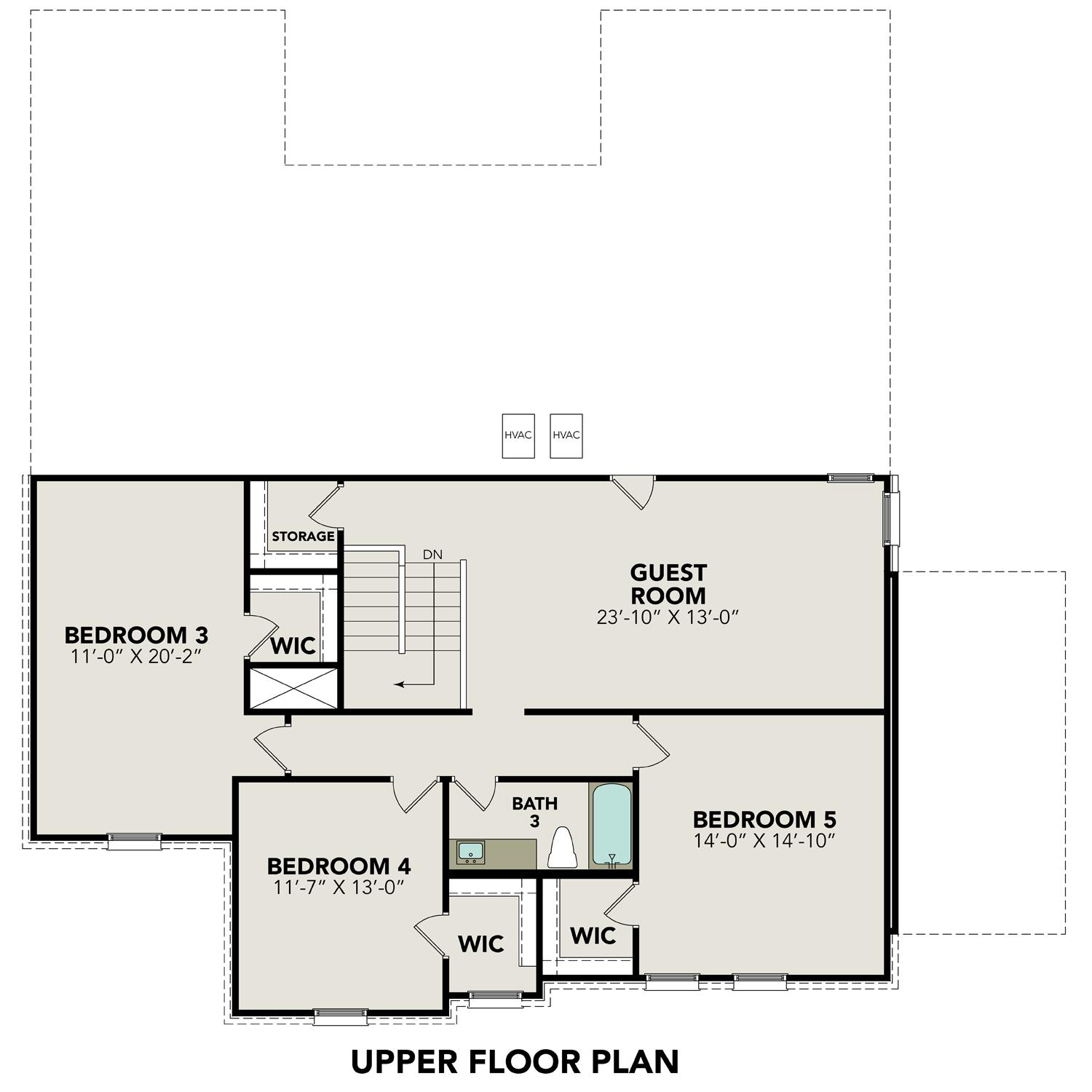 Second floor plan of The Jennings G showcasing bedrooms 3, 4, guest room, full bath, and walk-in closets