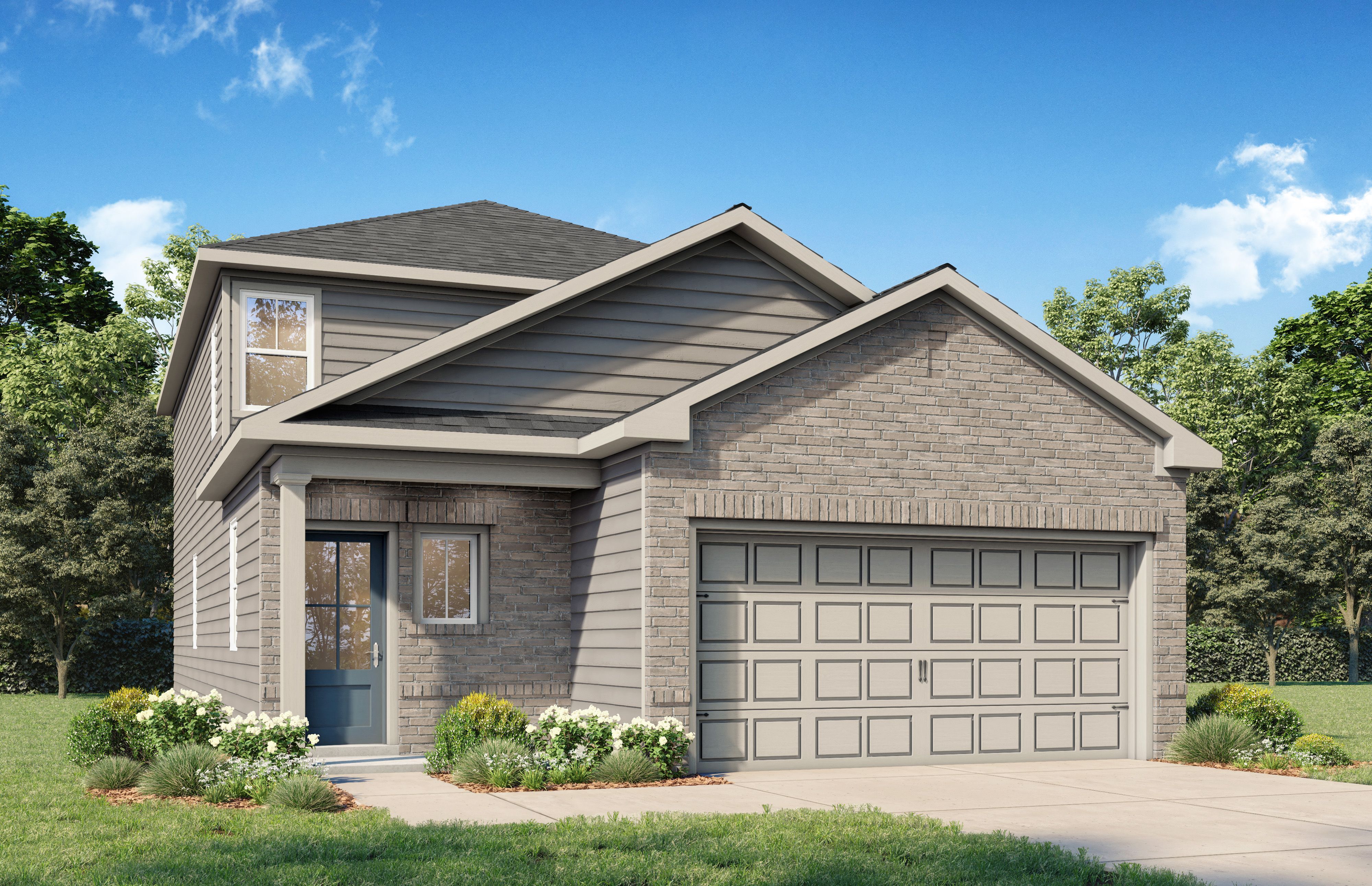 Modern two-story The Summit D home elevation with brick and siding exterior, 2-car garage, and landscaped front yard in San Antonio