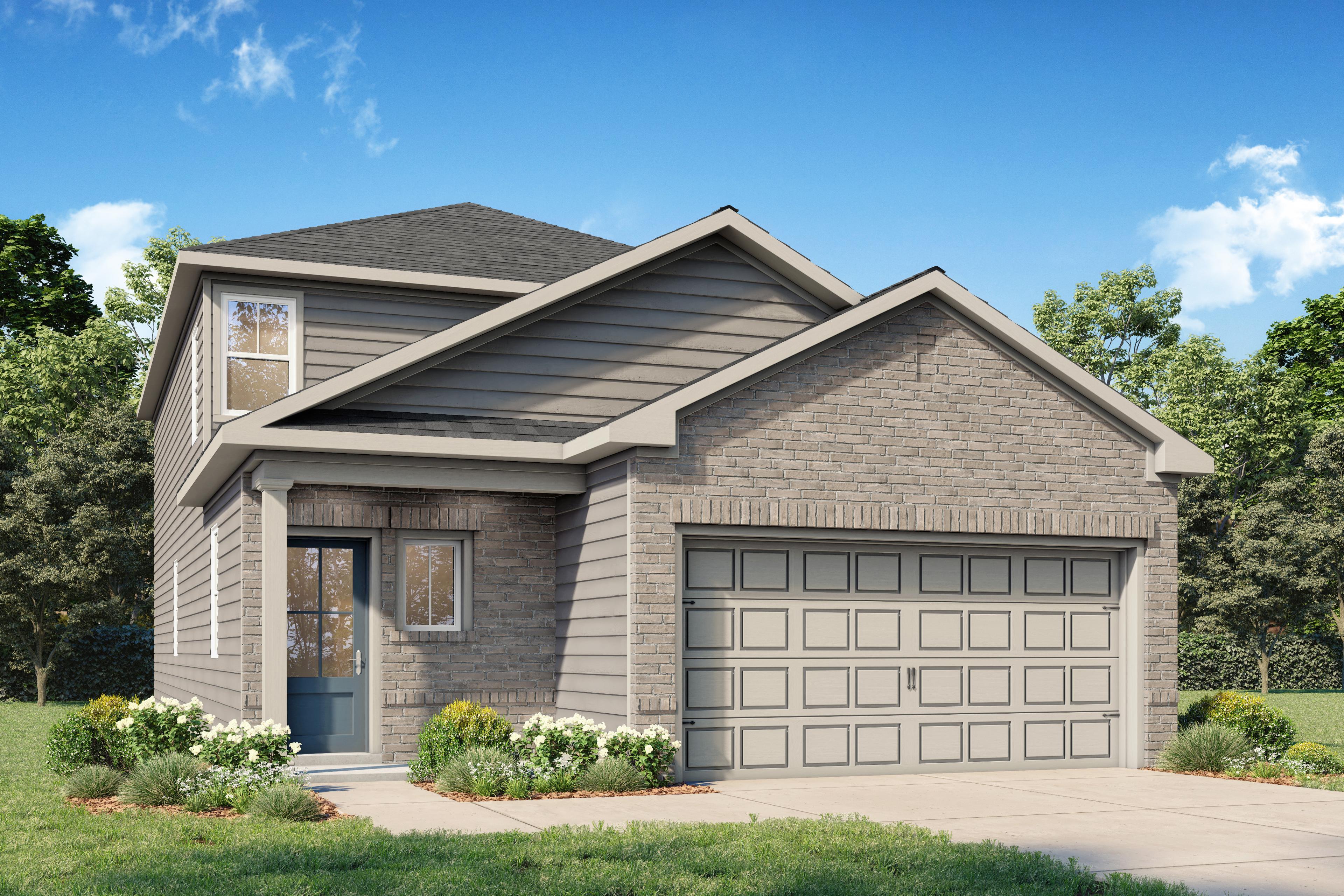 Modern two-story The Summit D home elevation with brick and siding exterior, 2-car garage, and landscaped front yard in San Antonio