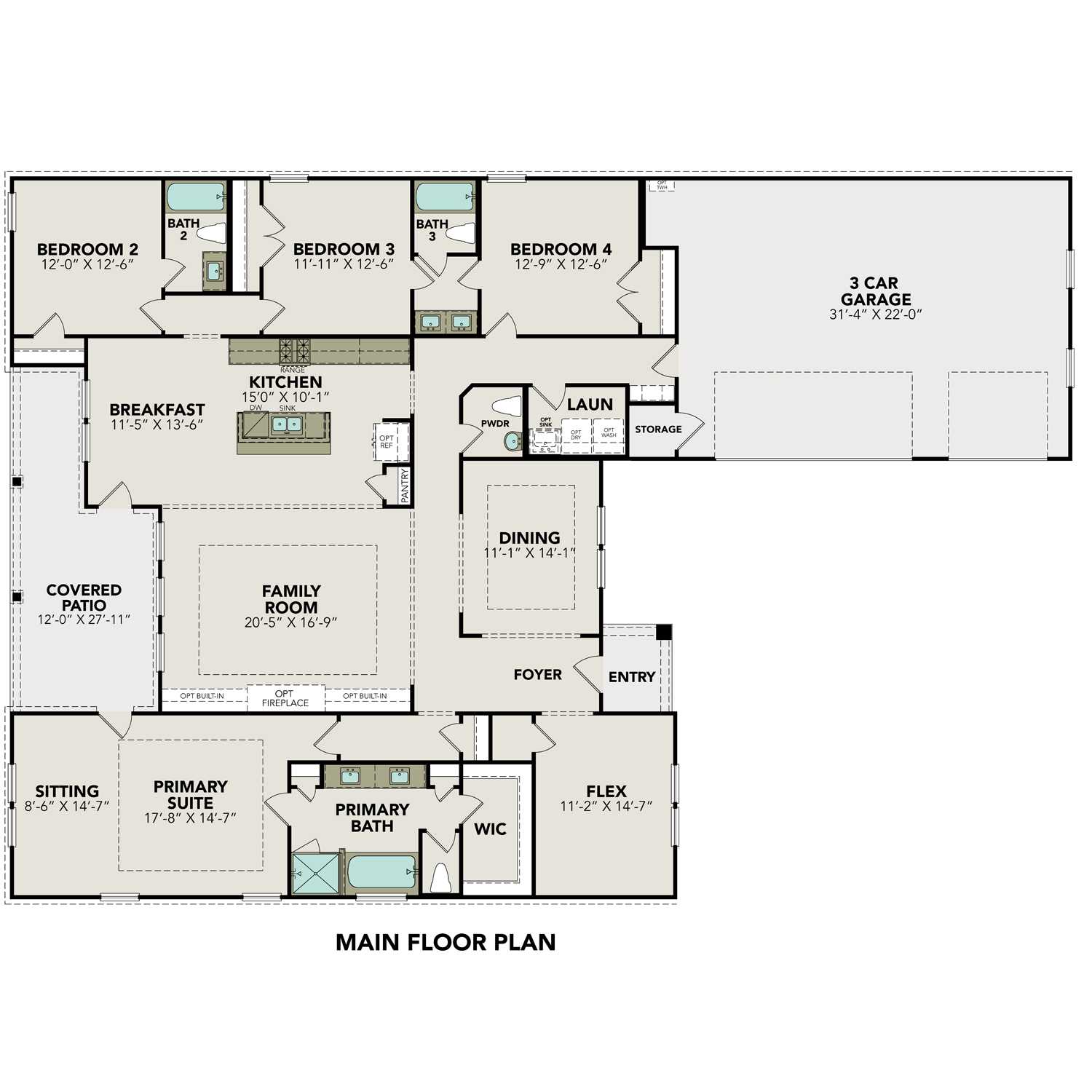 The Oxford 4-bedroom single-story floor plan: open kitchen, dining, family room, primary suite, 3 baths, 3-car garage