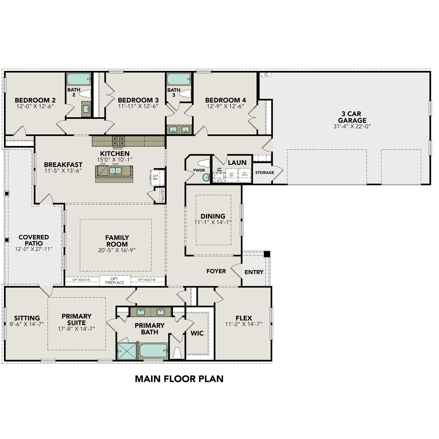 Spacious The Oxford G floor plan with 4 bedrooms, 3 baths, open kitchen, family room, primary suite, and 3-car garage