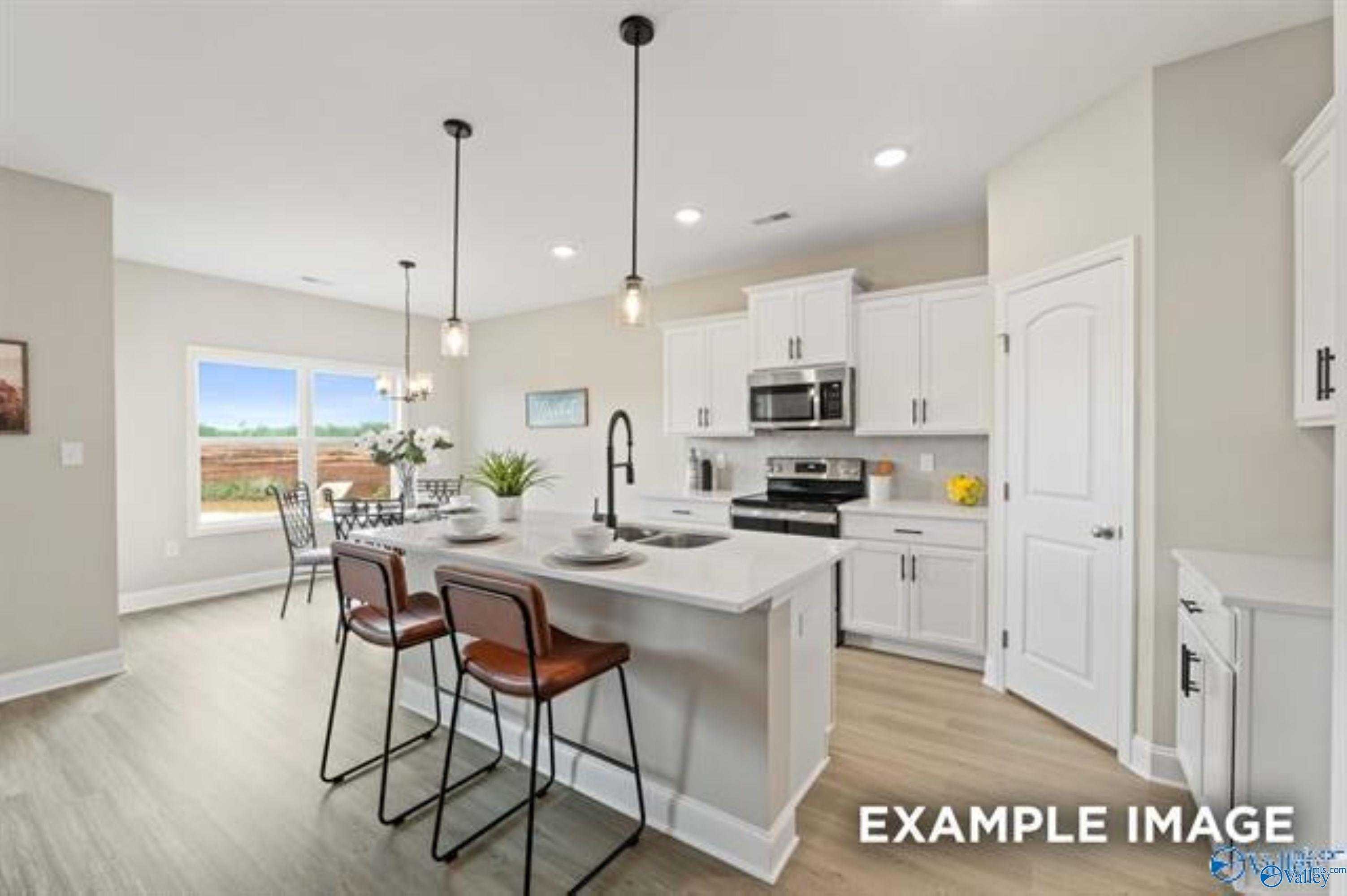 Modern open-concept kitchen with white cabinets, granite island, stainless appliances in Davidson Homes The Asheville, Owens Cross Roads, Alabama