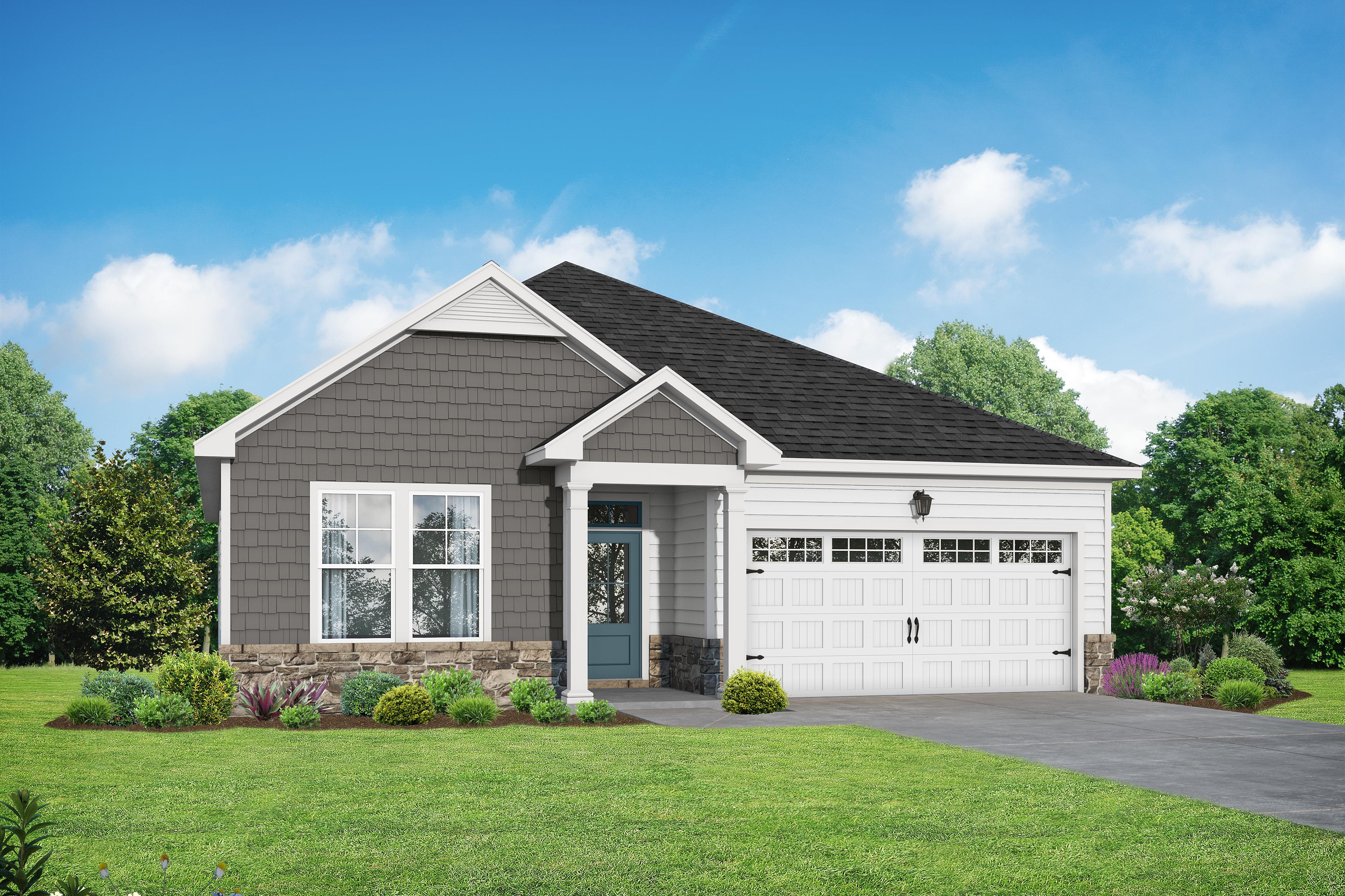 Modern one-story elevation of The Daphne C by Davidson Homes, gray siding, stone accents, blue door, two-car garage, lush yard in Lillington
