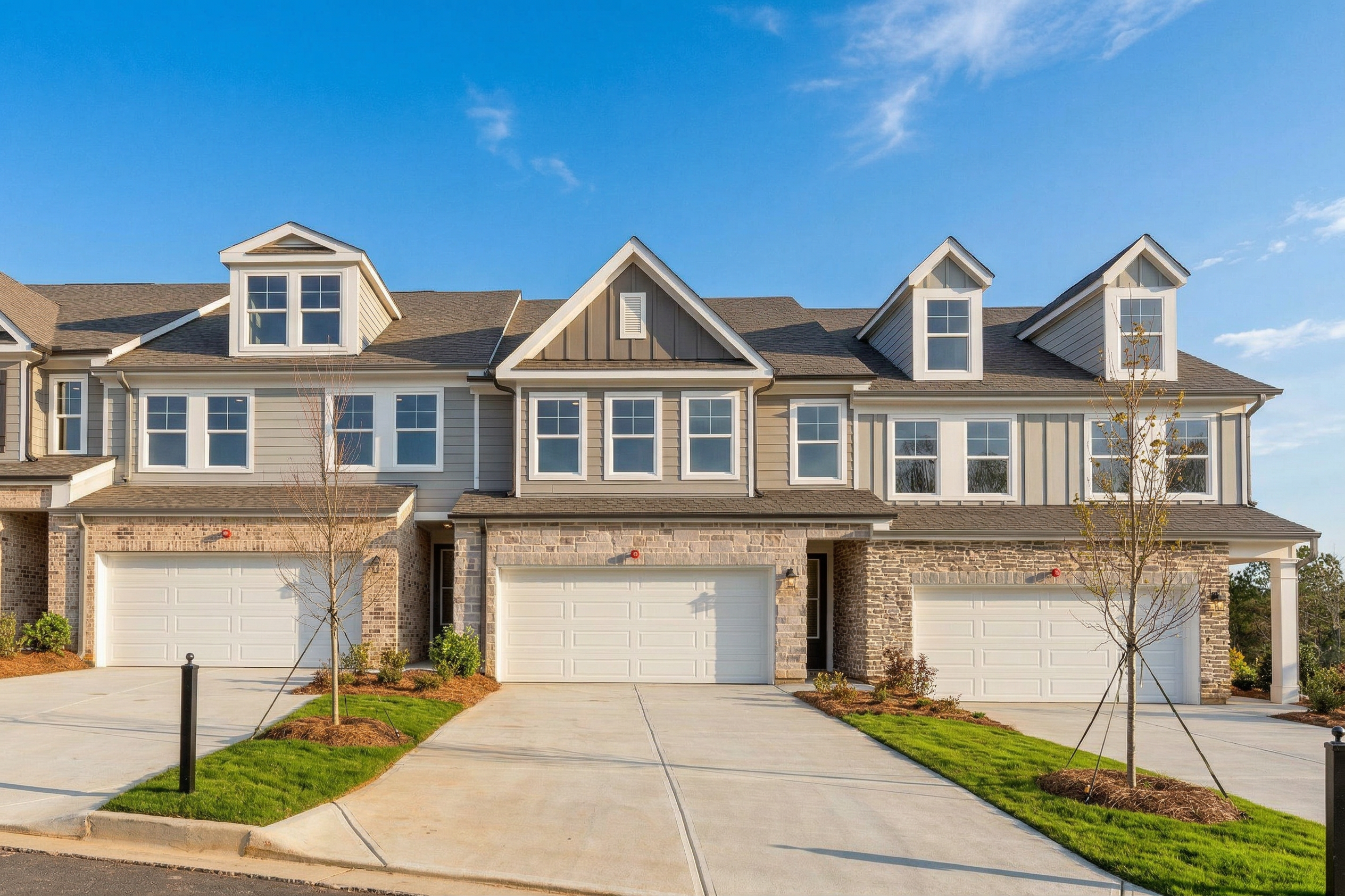 Row of modern townhomes at Hemingway in Cumming, Georgia by Davidson Homes featuring shake siding, gabled roofs, and two-car garages