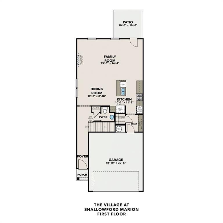 First-floor layout for The Marion A floor plan at The Village at Shallowford in Kennesaw, Georgia.