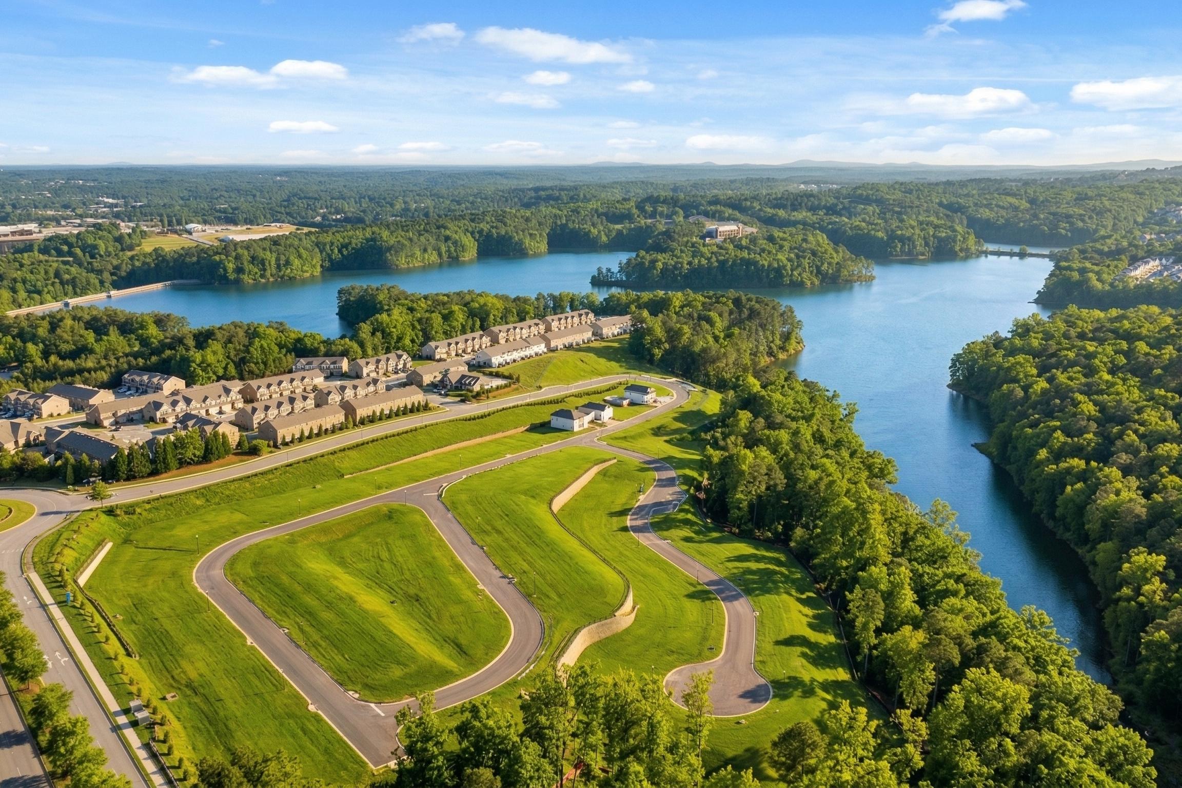 Aerial view of The Bluffs community in Canton, Georgia, featuring Davidson Homes nestled beside scenic lakefront views.