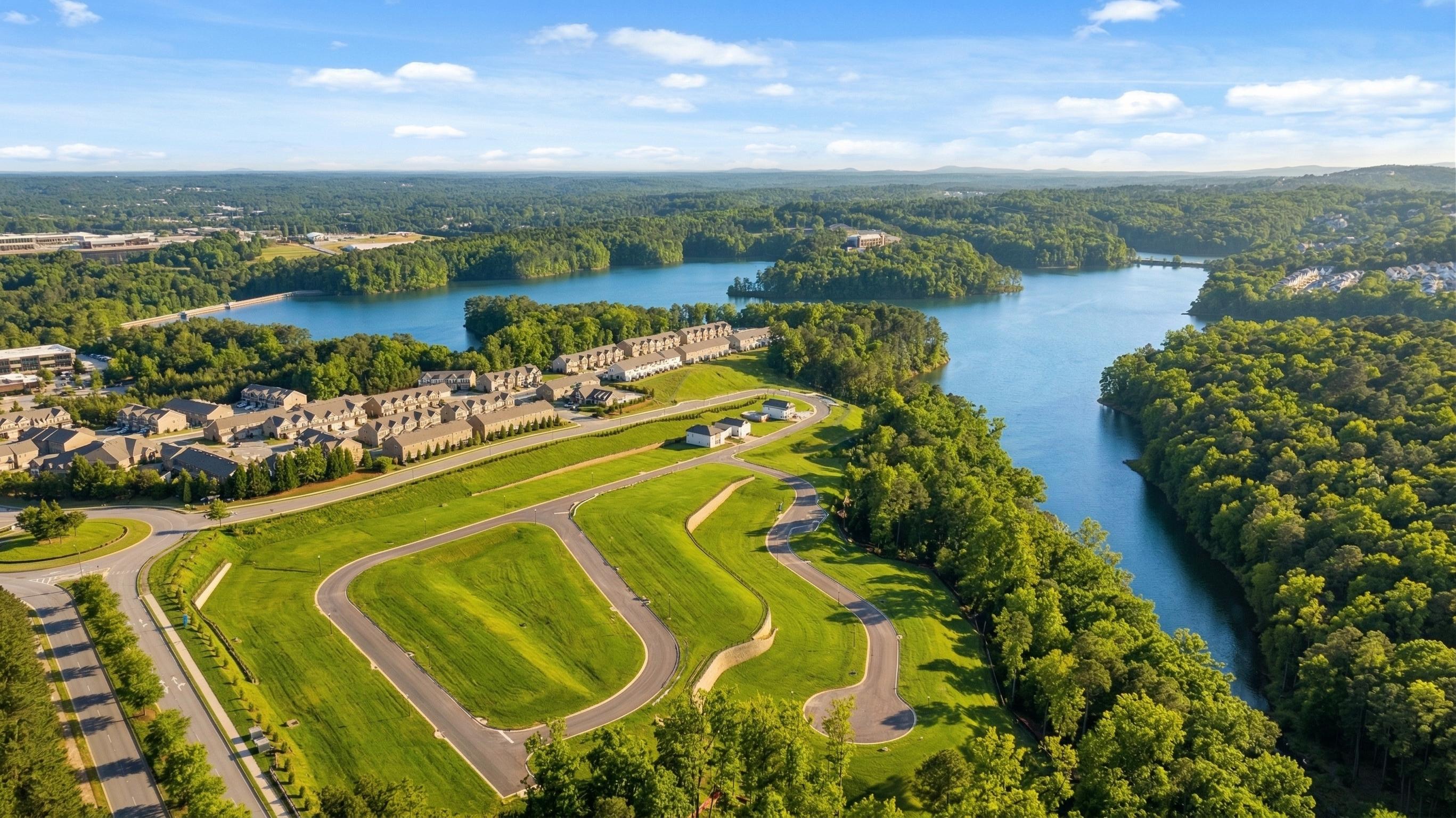 Aerial view of The Bluffs in Canton, Georgia: clustered craftsman homes by Davidson along scenic lake, lush forests, and green roads
