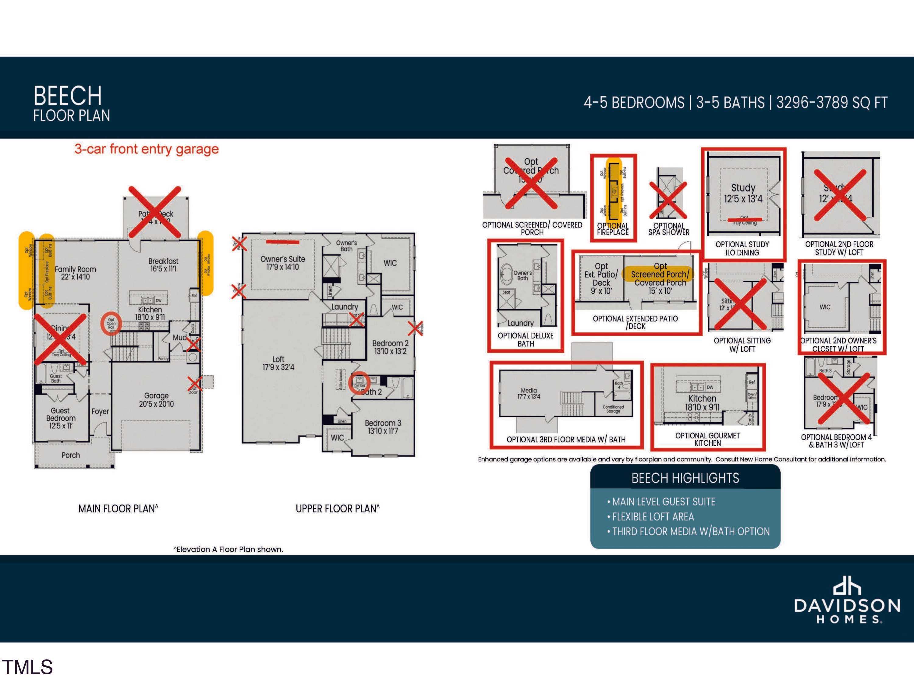 The Beech B floor plan by Davidson Homes: 4-5 bedrooms, 3.5 baths, 3,789 sq ft, 3-car garage layout in Laneridge Estates, Raleigh, NC