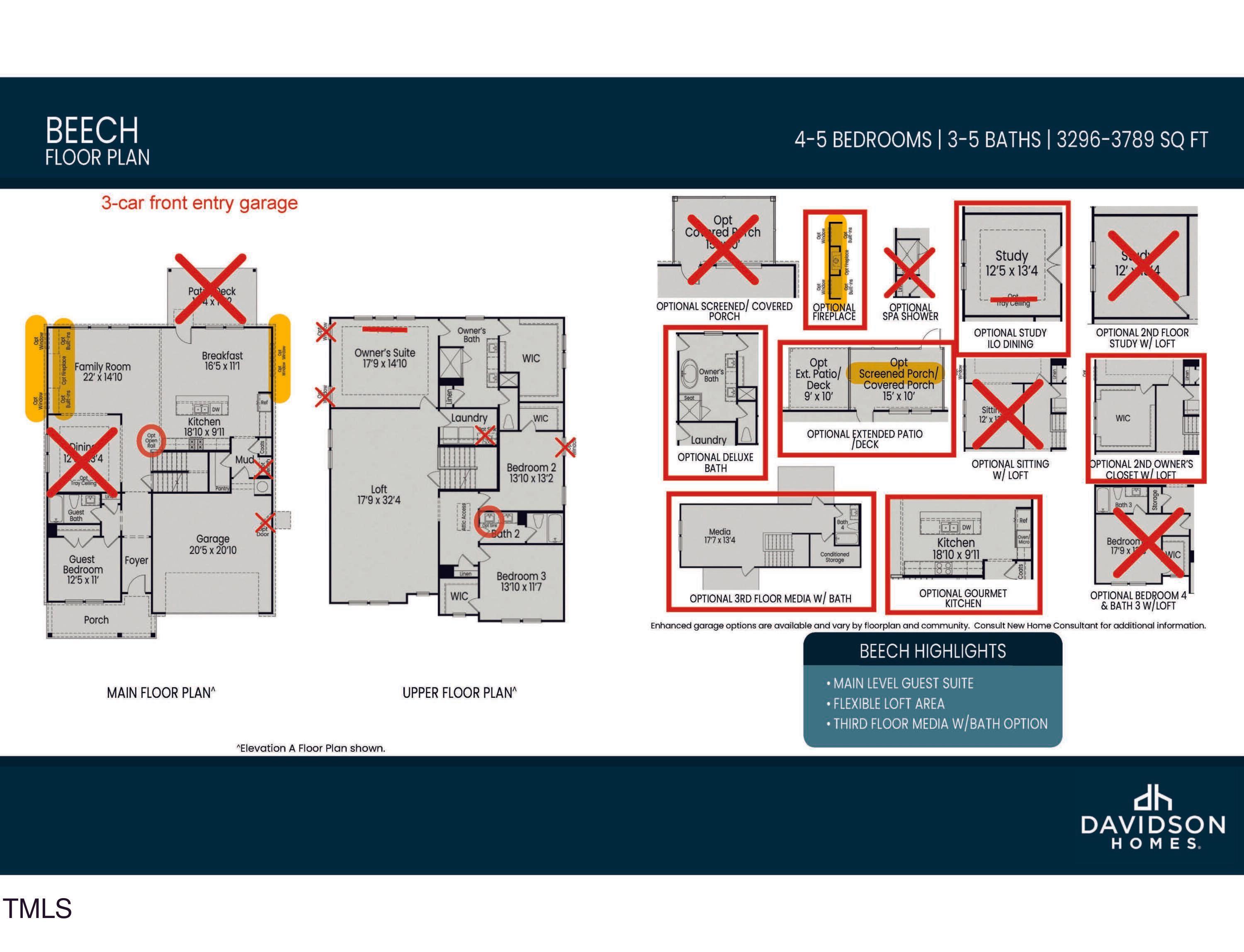 The Beech B floor plan by Davidson Homes: 4-5 bedrooms, 3.5 baths, 3,789 sq ft, 3-car garage layout in Laneridge Estates, Raleigh, NC