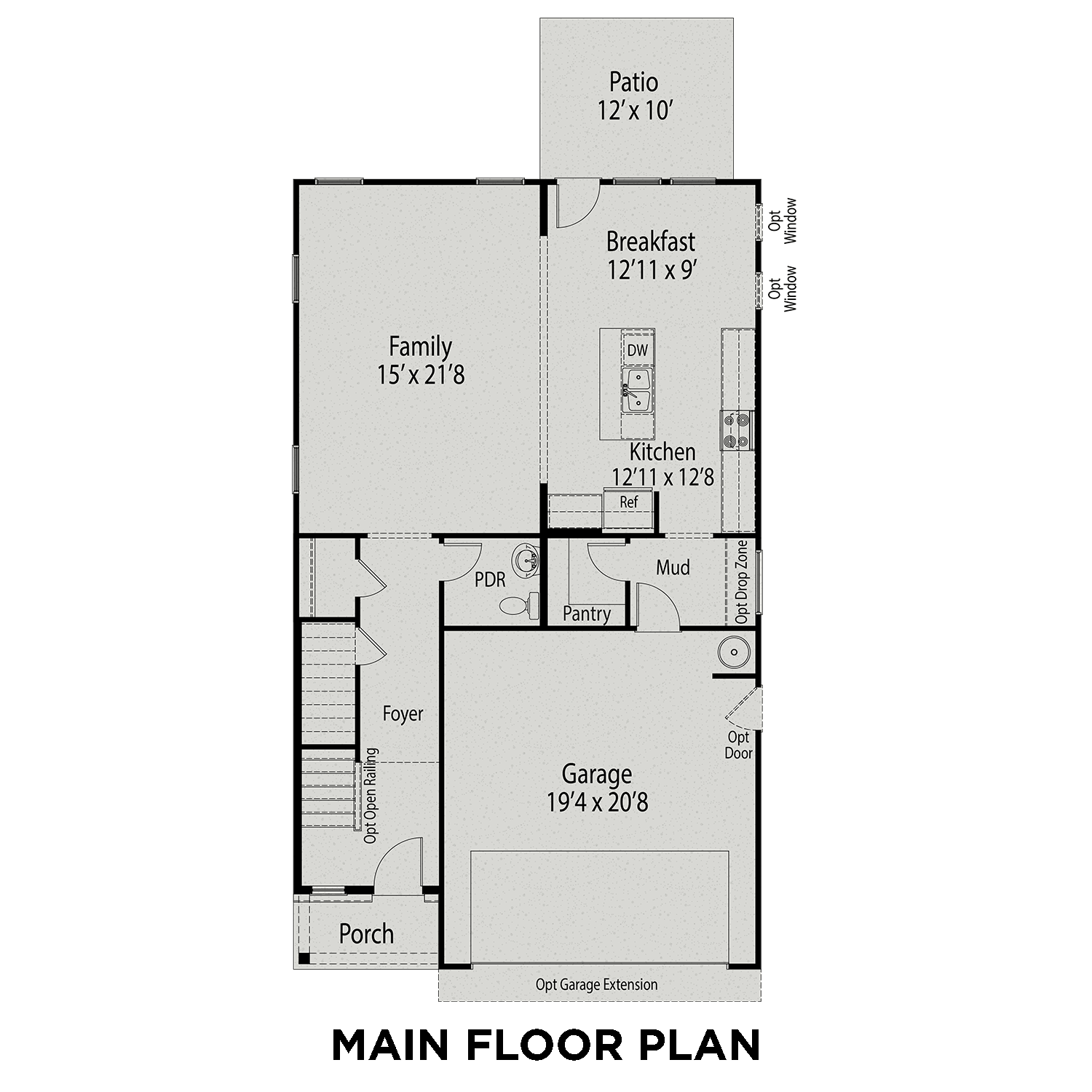 Main floor plan of The Gavin B showcasing open-concept kitchen, breakfast nook, family room, 2-car garage by Davidson Homes