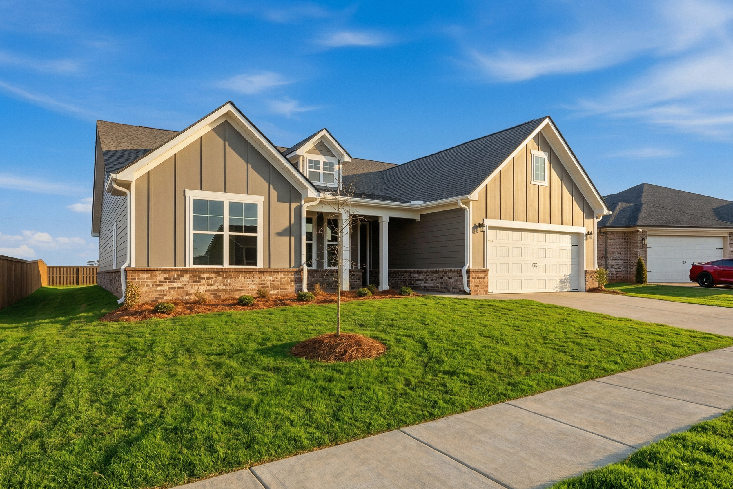Craftsman-style home exterior in Anderson Farm Athens AL with gabled roof, covered porch, two-car garage and lush green lawn