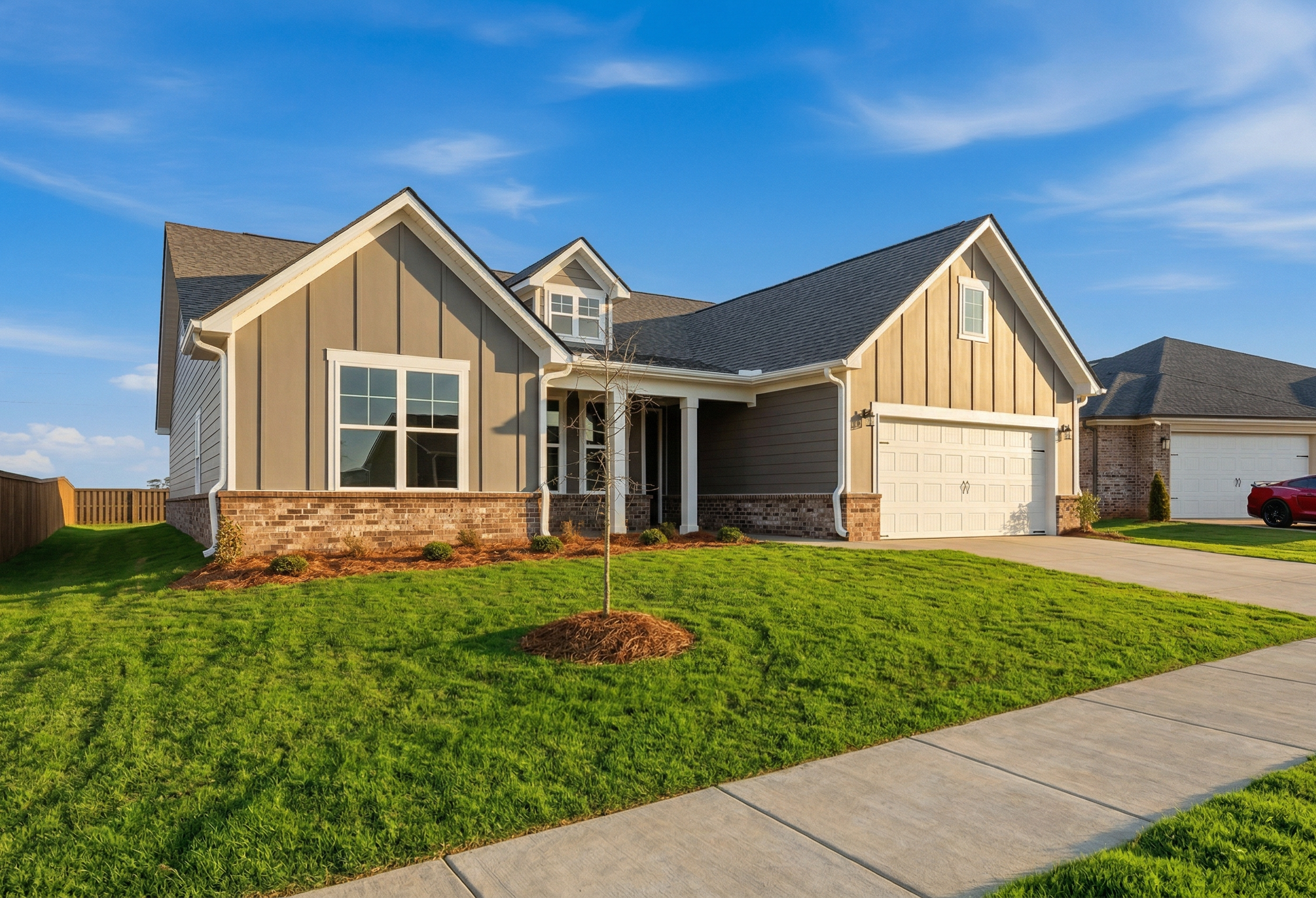 Front elevation of The Rockford single-story home with beige siding, brick base, covered porch, two-car garage, and lush green lawn