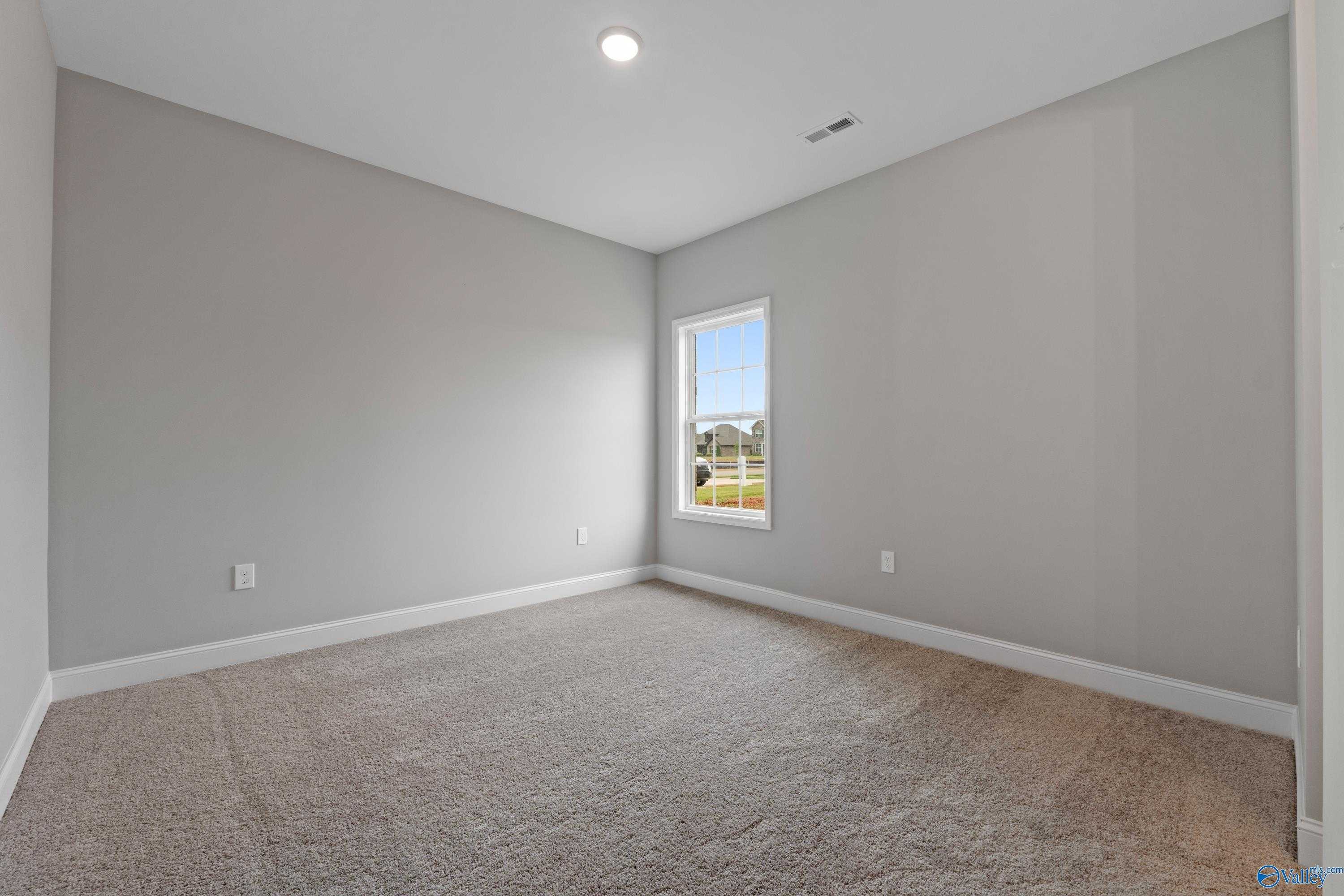 Empty bedroom with gray walls, large window overlooking greenery, and carpeted floor in Davidson Homes The Finleigh, Meridianville, Alabama