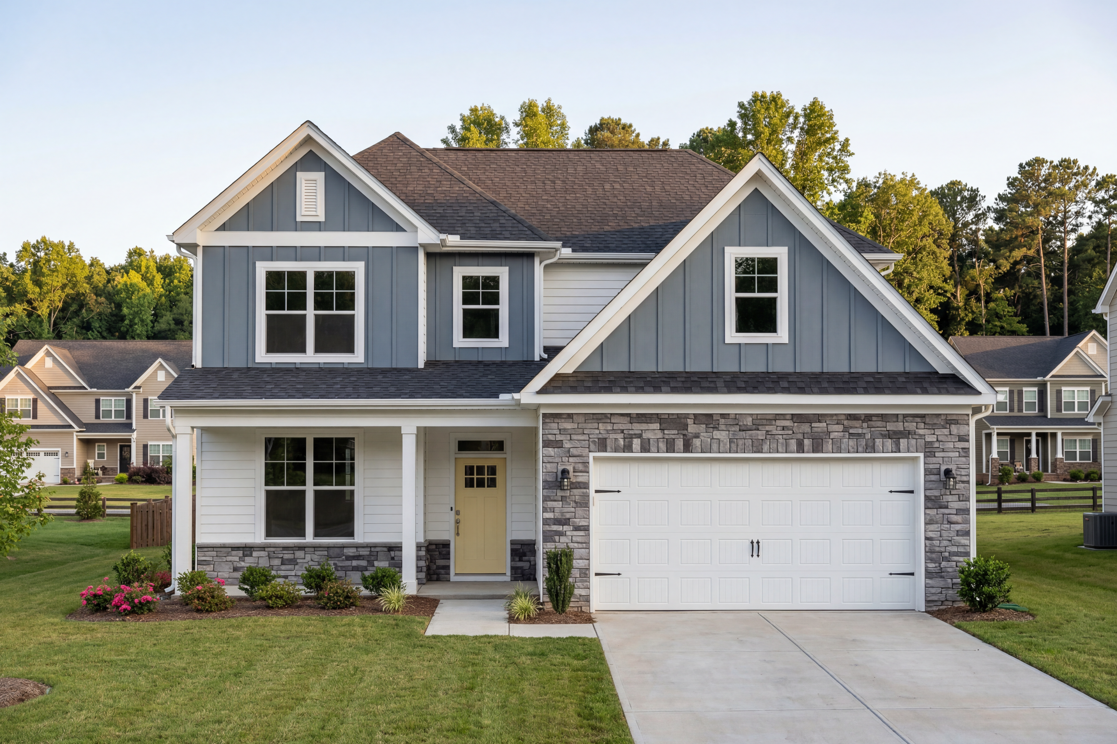 Two-story craftsman home exterior of The Ash C with blue siding, stone accents, covered porch, yellow door, and two-car garage amid lush landscaping