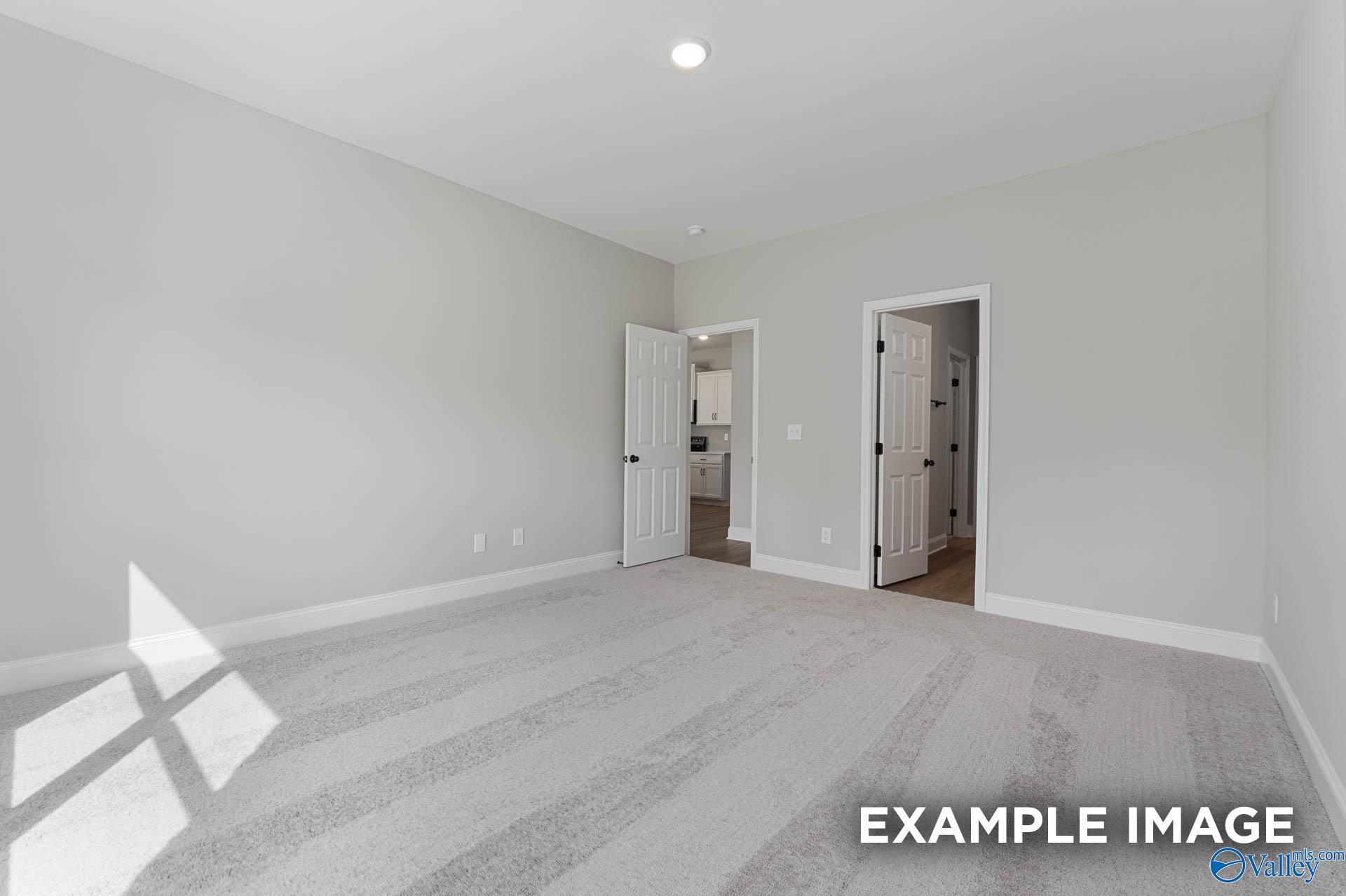 Bright empty bedroom with gray carpet, light walls, and open doors to bathroom in Davidson Homes The Daphne D, Meridianville