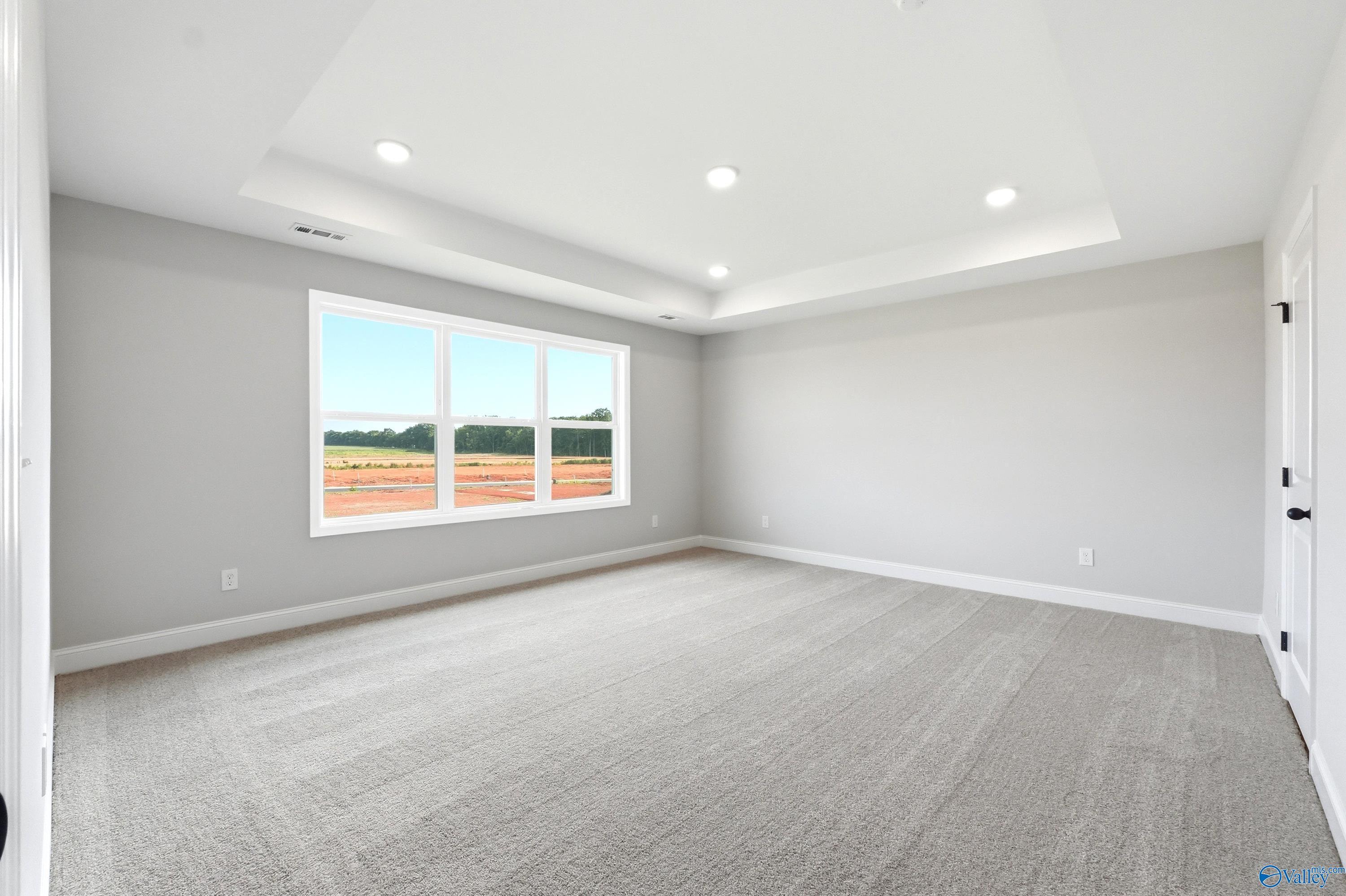 Spacious master bedroom with tray ceiling and plush carpeting in The Shelby A floor plan by Davidson Homes, Hazel Green.