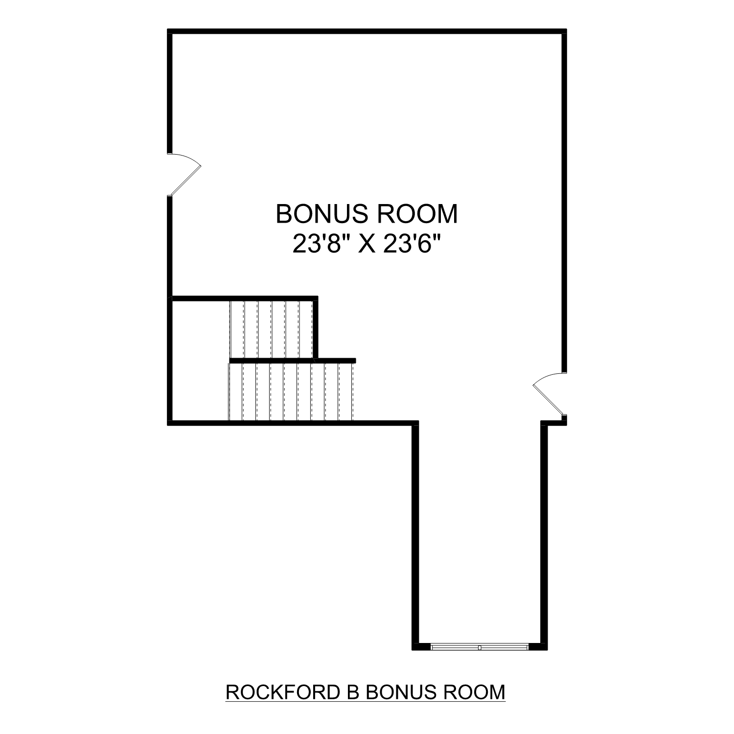 Second floor plan of The Rockford B showcasing 23x23 bonus room and staircase in Davidson Homes design
