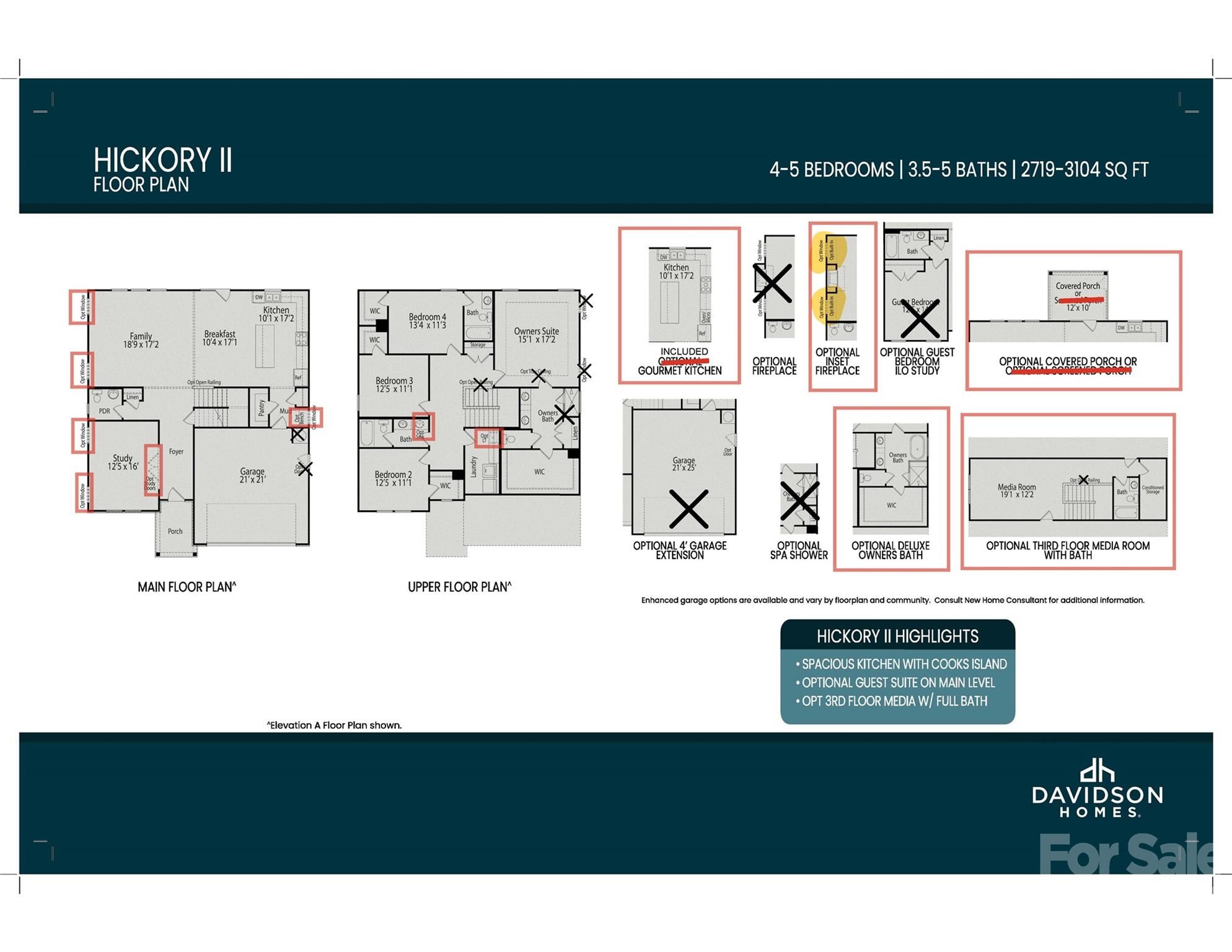 The Hickory II floor plan layout by Davidson Homes showing main and upper levels of a 4-bedroom home in Belmont, NC
