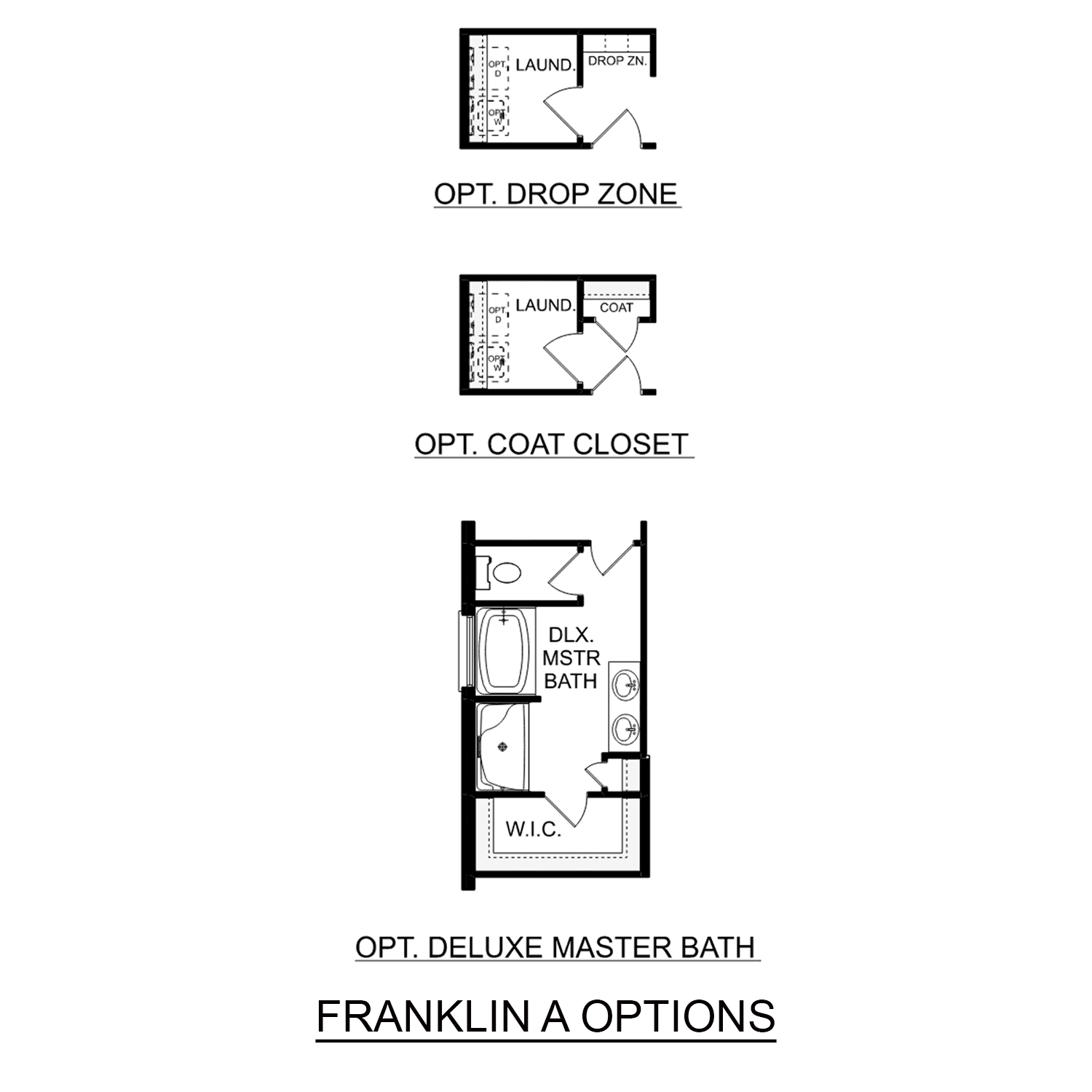 Floor plan sections of The Franklin home: laundry with drop zone, optional coat closet, deluxe master bath with tub and shower