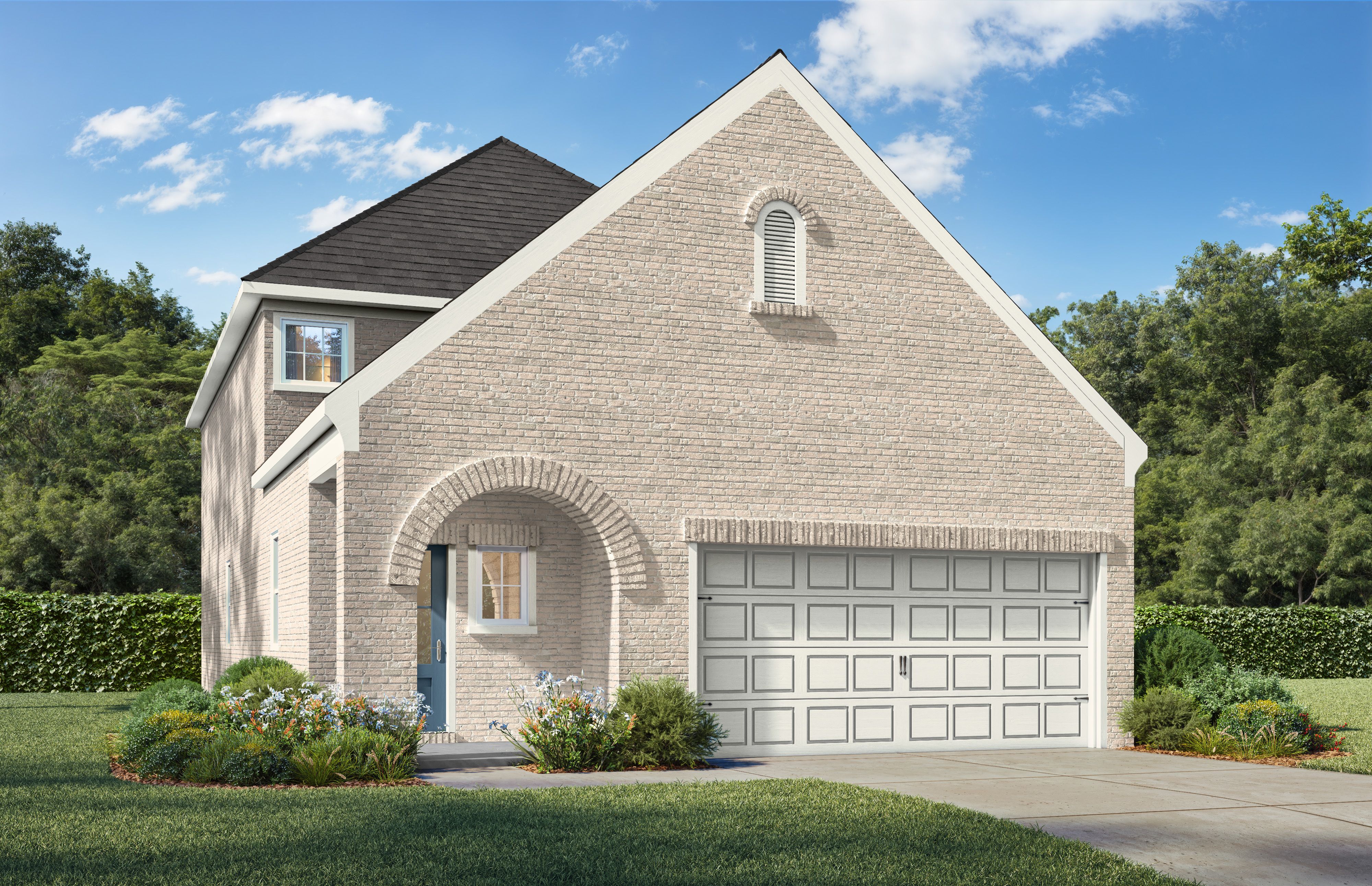 Exterior elevation of The San Marcos I featuring a light brick facade, arched entryway, and 2-car garage in San Antonio.