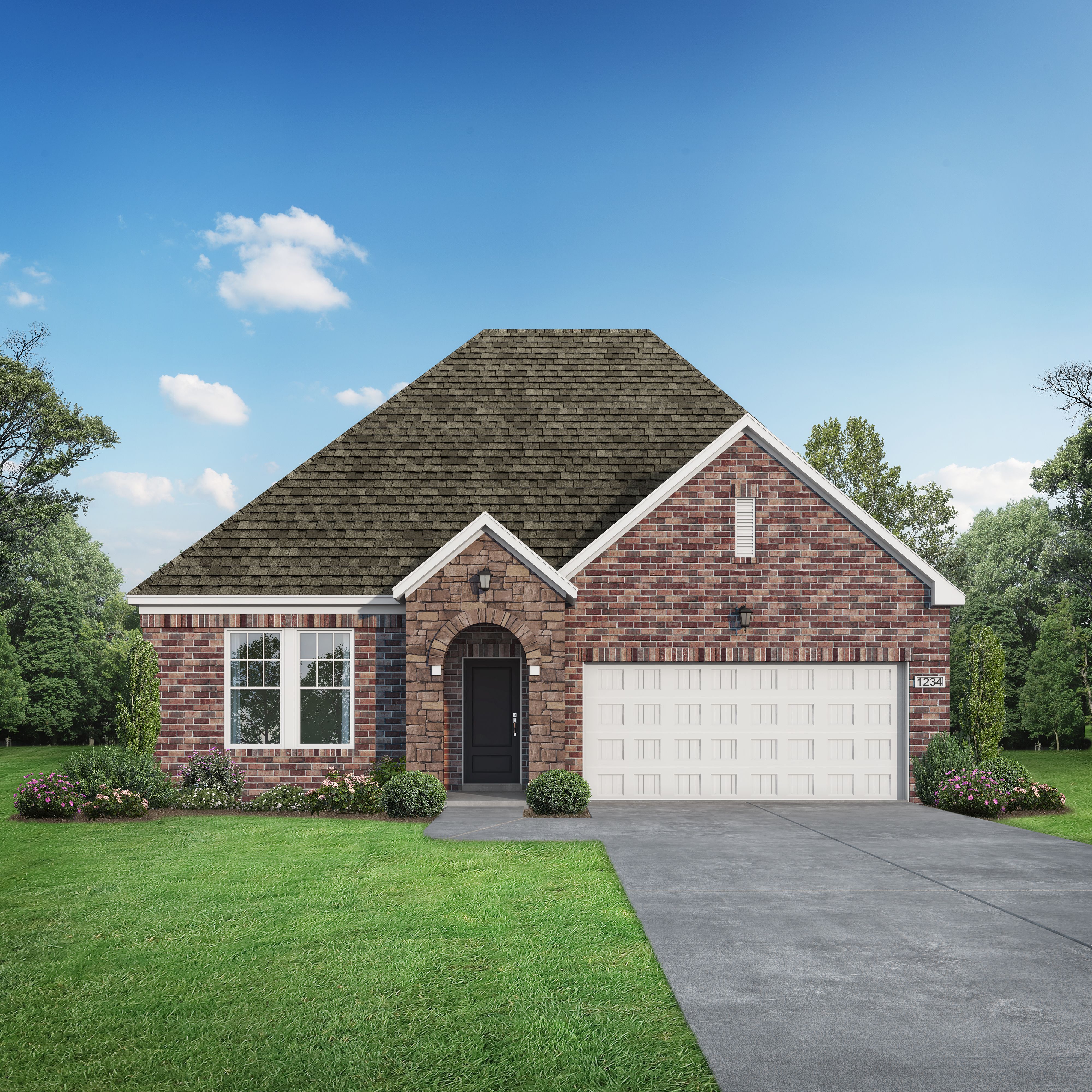 Brick exterior elevation of The Laurel N one-story home with 2-car garage, master suite, and landscaped yard in Royse City Texas