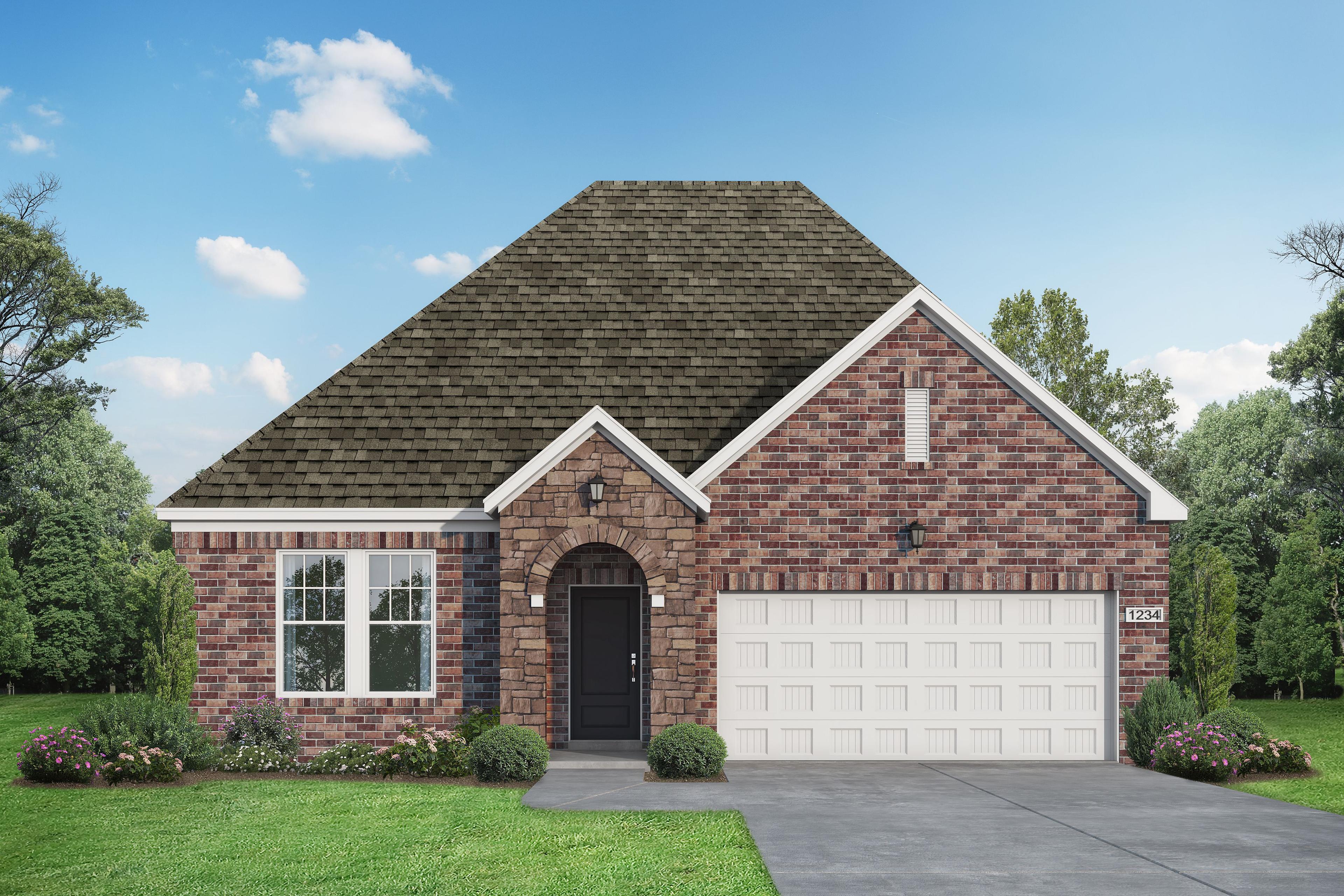 Brick exterior elevation of The Laurel N one-story home with 2-car garage, master suite, and landscaped yard in Royse City Texas