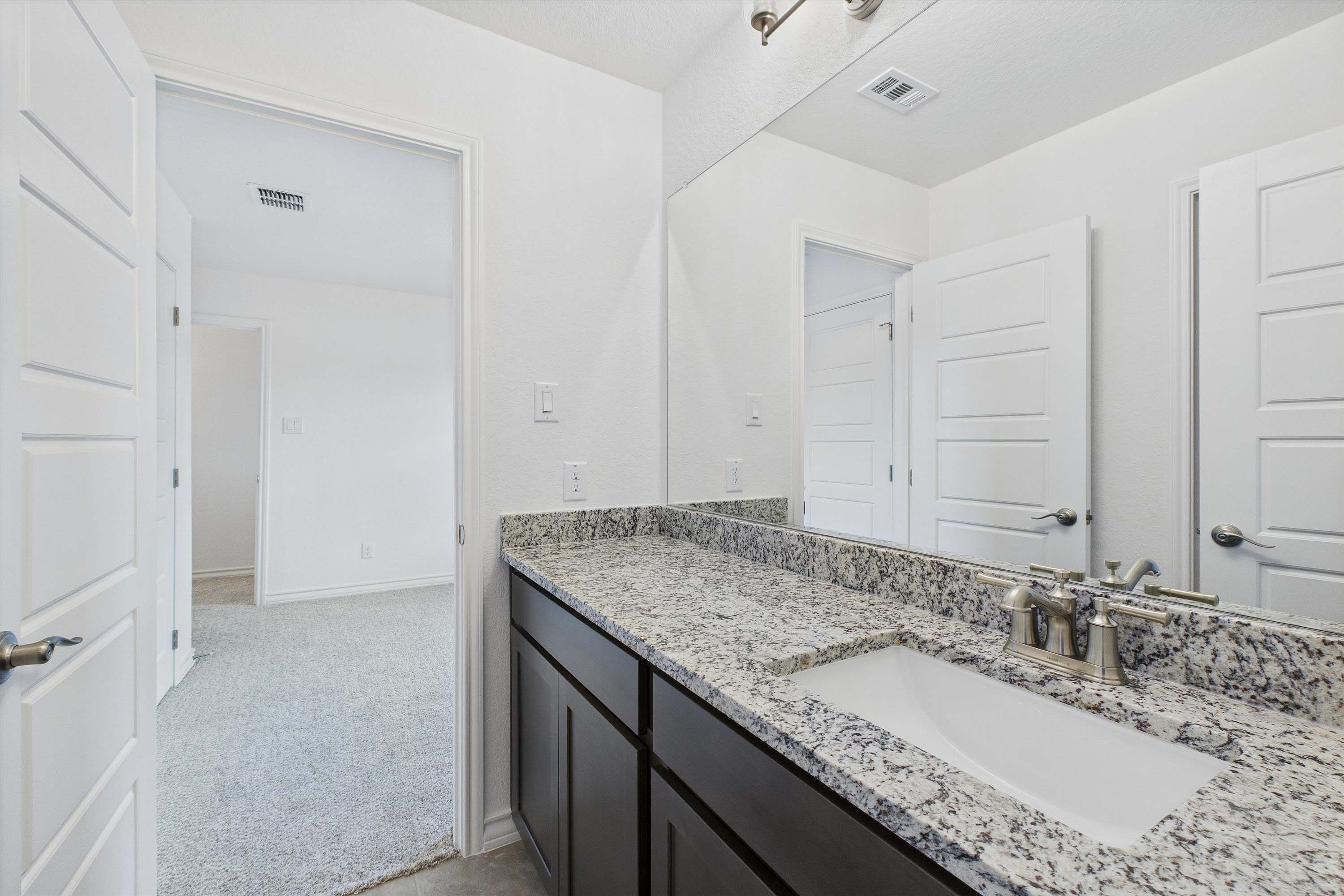 Modern bathroom vanity in The Danbury featuring granite countertops, dark cabinetry, and a large wall mirror.