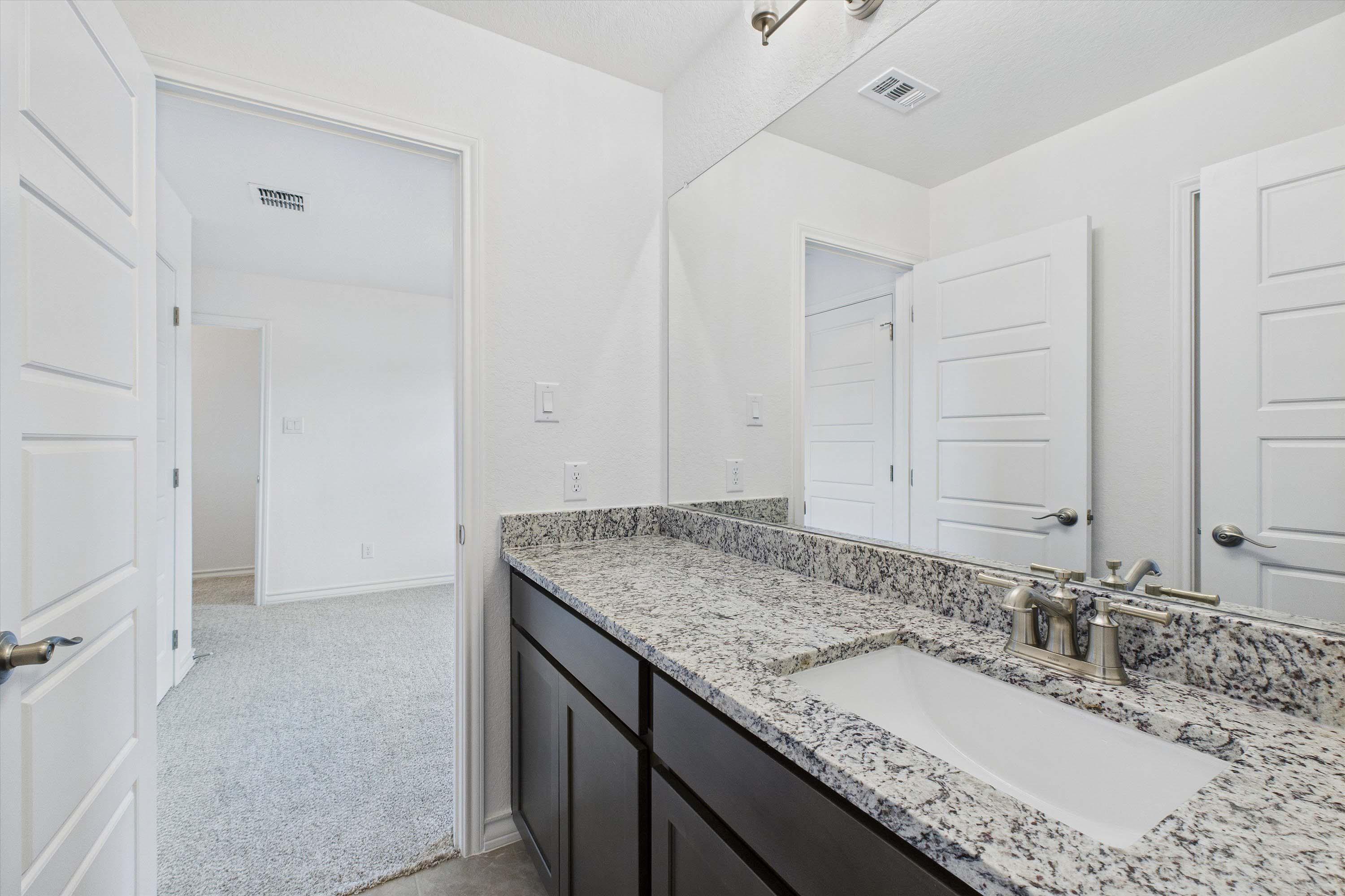Modern bathroom vanity in The Danbury featuring granite countertops, dark cabinetry, and a large wall mirror.