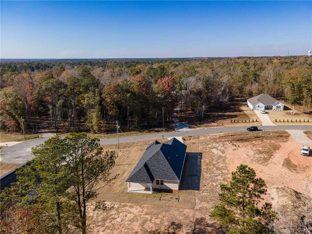 Aerial view of single-story 4-bedroom home amid pine forest in Silver Oak, Cusseta, Alabama by Evermore Homes The Orion