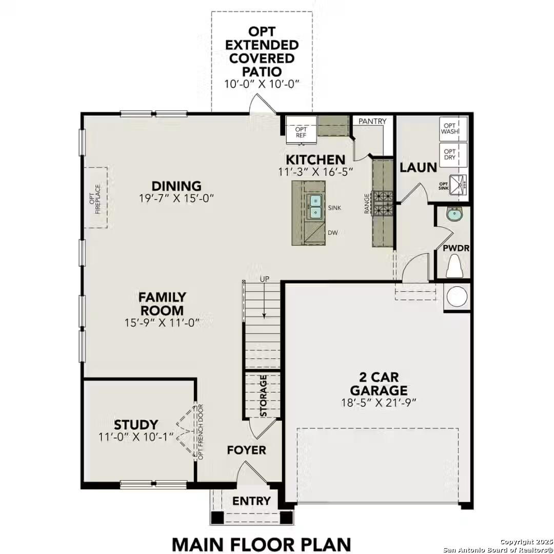 The Murray J main floor plan by Davidson Homes: open kitchen, dining, family room, study, 2-car garage in Bricewood, San Antonio, TX