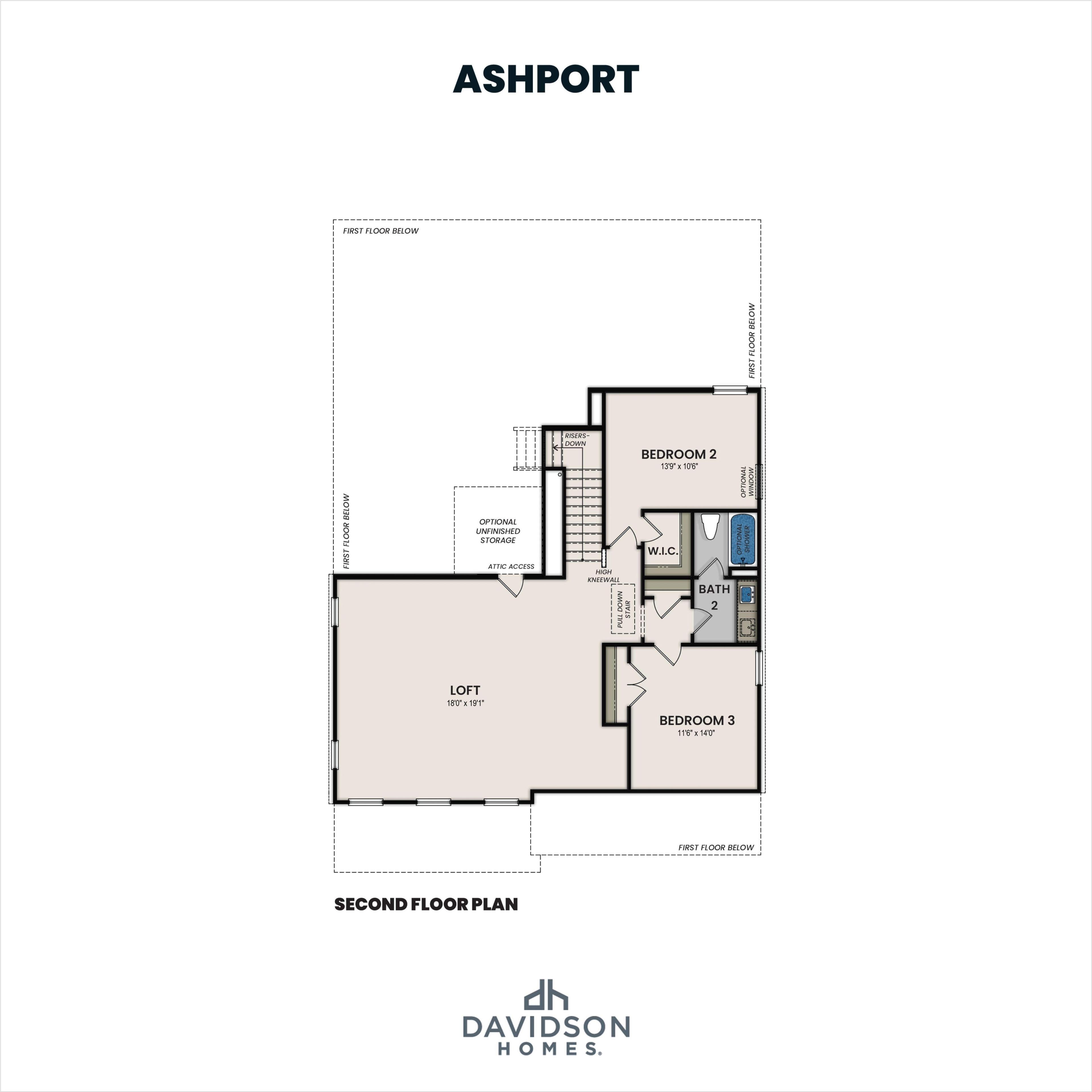 Second floor plan of The Ashport by Davidson Homes featuring loft, bedrooms 2-3, full bath, and stairs