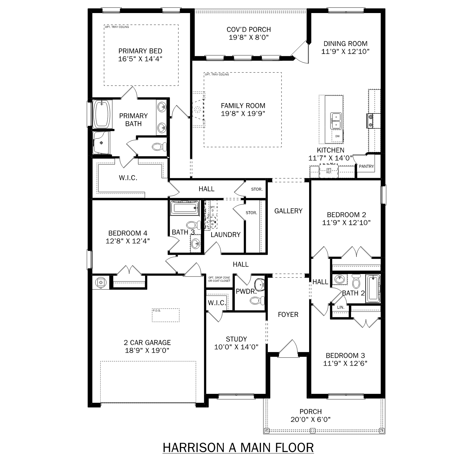 The Harrison first floor plan featuring 4-5 bedrooms, open family room, gourmet kitchen, and 2-car garage in Meridianville