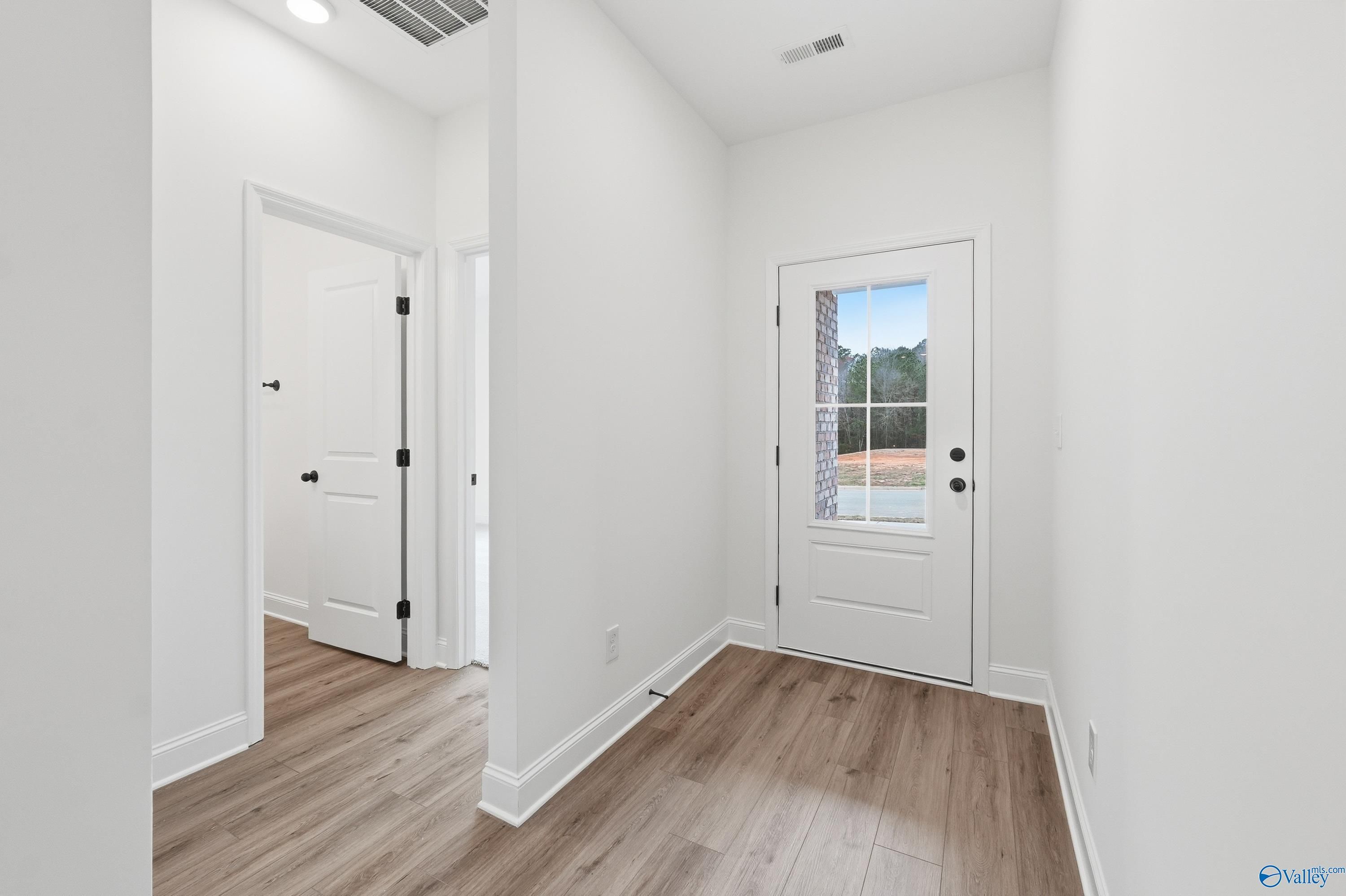 Bright entry foyer with luxury vinyl plank flooring and white doors in The Asheville C 3-bedroom home, The Highlands, Arab, Alabama