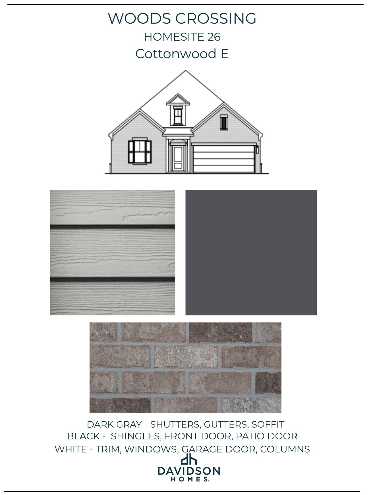 Cottonwood E home elevation with dark gray shingles, white trim, black shutters, and brick accents by Davidson Homes in Woods Crossing, Gallatin, TN