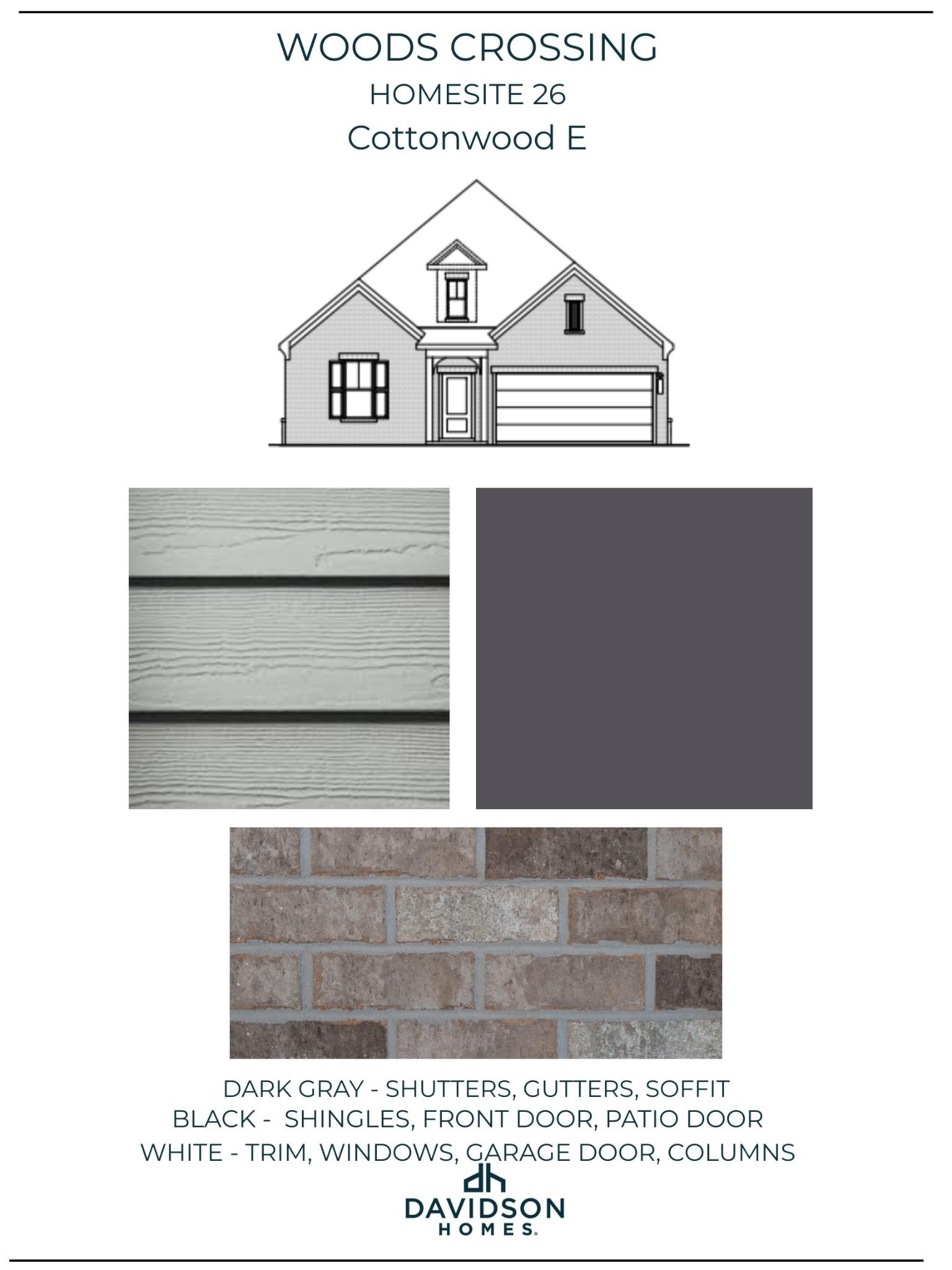 Cottonwood E home elevation with dark gray shingles, white trim, black shutters, and brick accents by Davidson Homes in Woods Crossing, Gallatin, TN