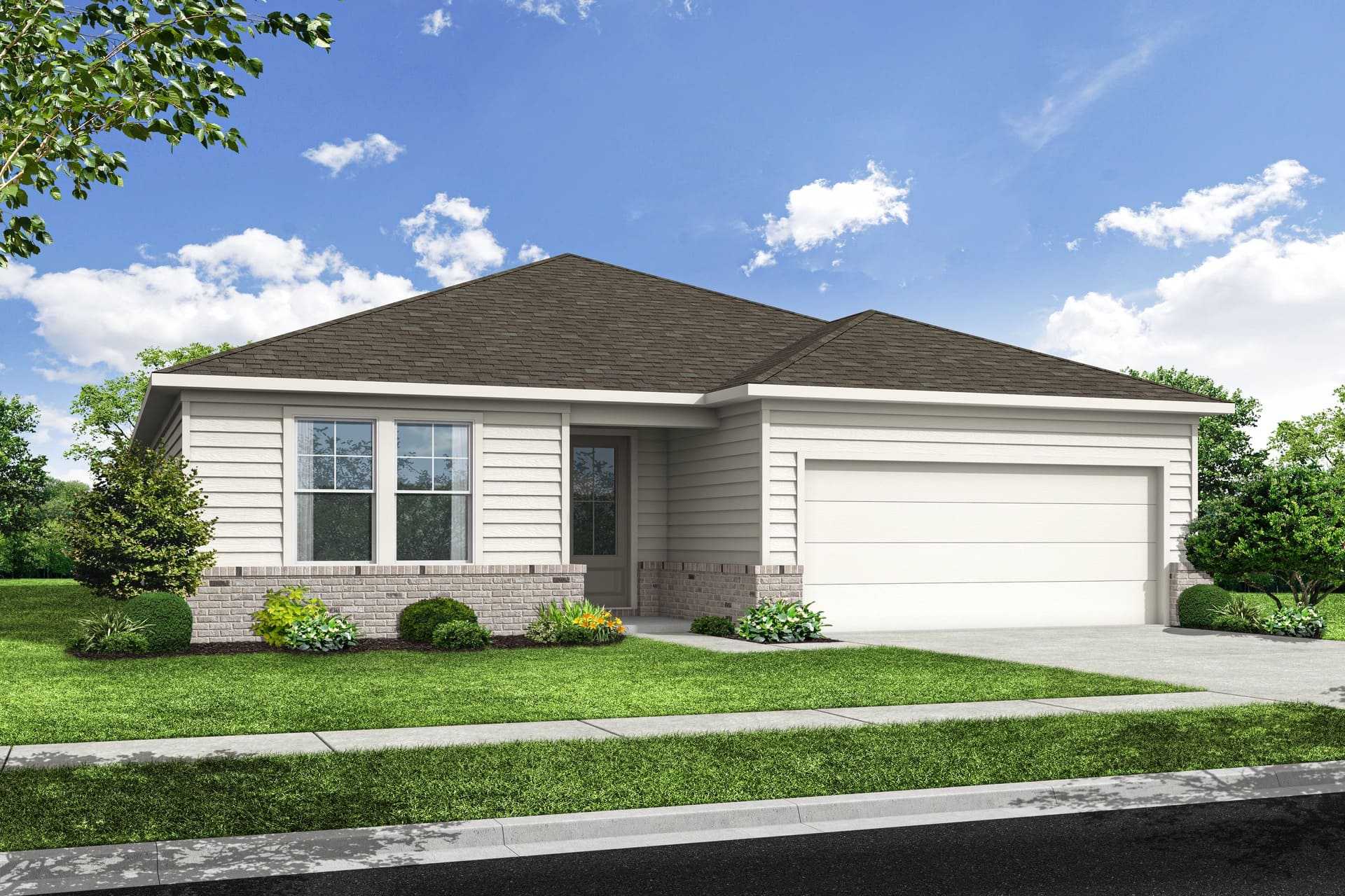 Modern 1-story elevation of The Dawson C home featuring beige siding, brick accents, 2-car garage, and landscaped yard in Loganville, GA