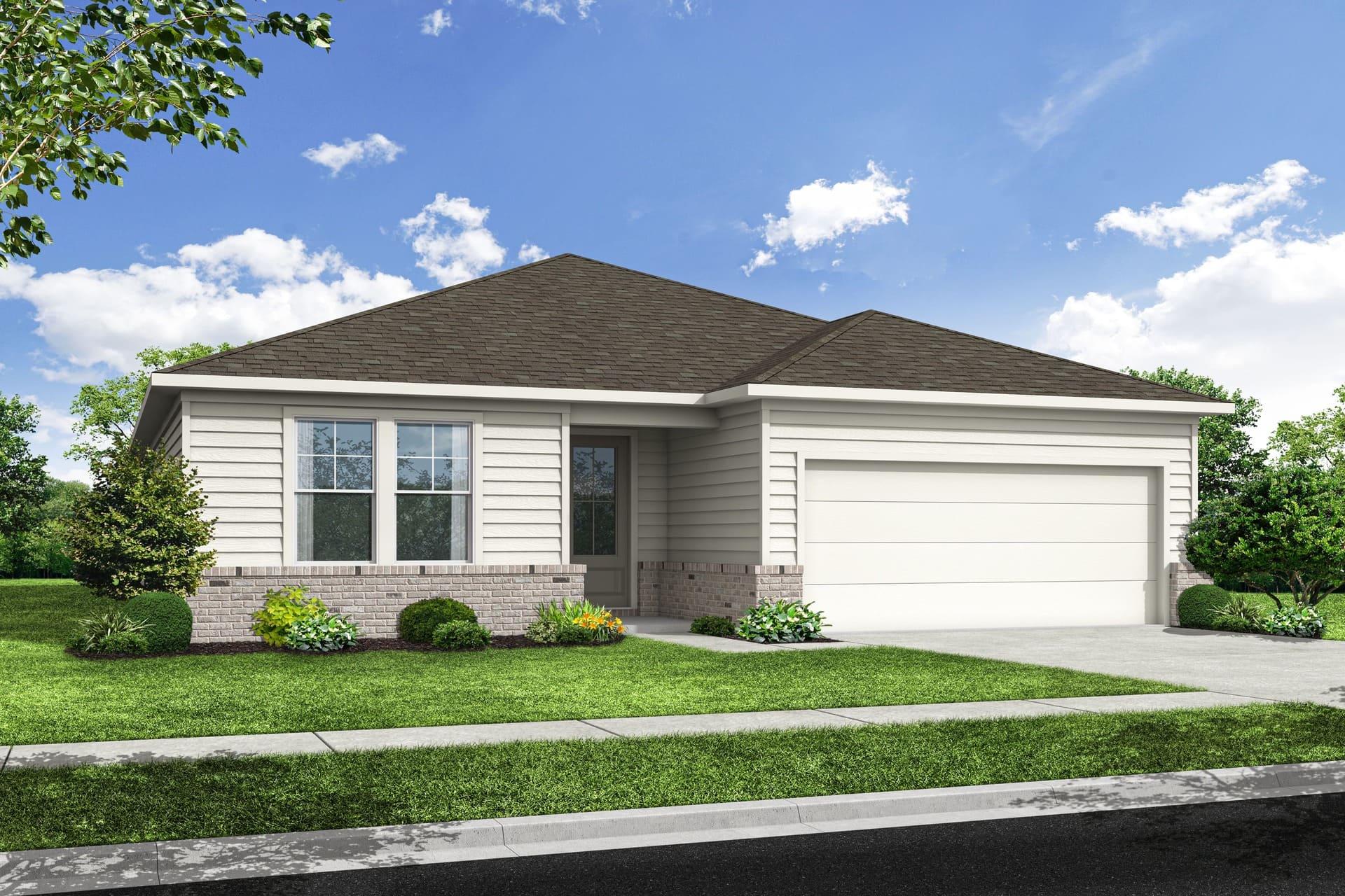 Modern 1-story elevation of The Dawson C home featuring beige siding, brick accents, 2-car garage, and landscaped yard in Loganville, GA