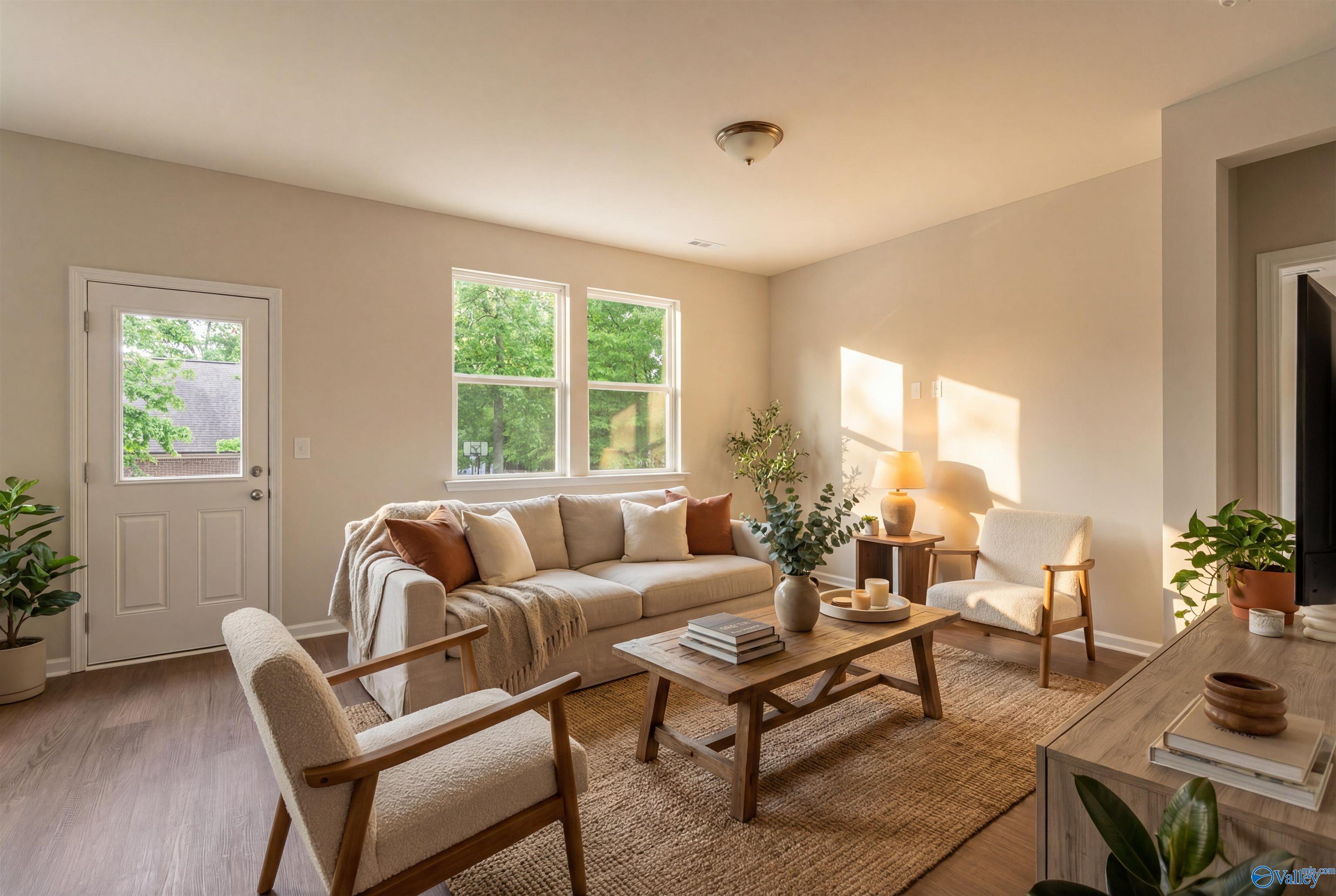 Cozy living room with beige sofa, wooden coffee table, armchairs, plants, and natural light in Davidson Homes The Phoenix, Fayetteville, TN