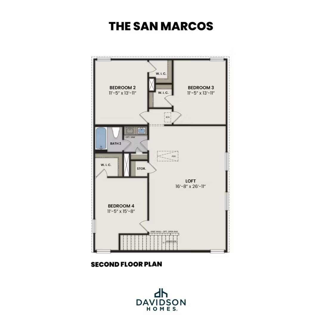 Second-floor plan for The San Marcos E by Davidson Homes featuring three bedrooms, a loft, and a shared bathroom.